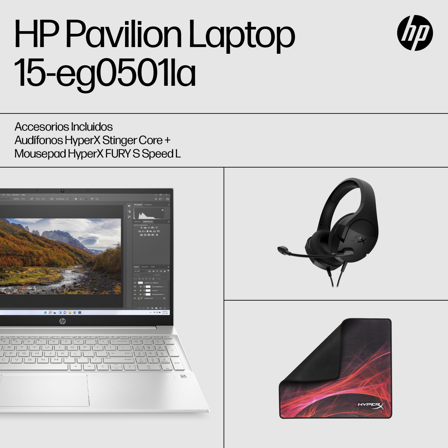 Laptop HP Pavilion 15-eg0501la Core i5-1135G7 8GB, SSD 512GB, 15.6", Windows 11 + Audífono y MousePad HyperX (6R3R7LA)