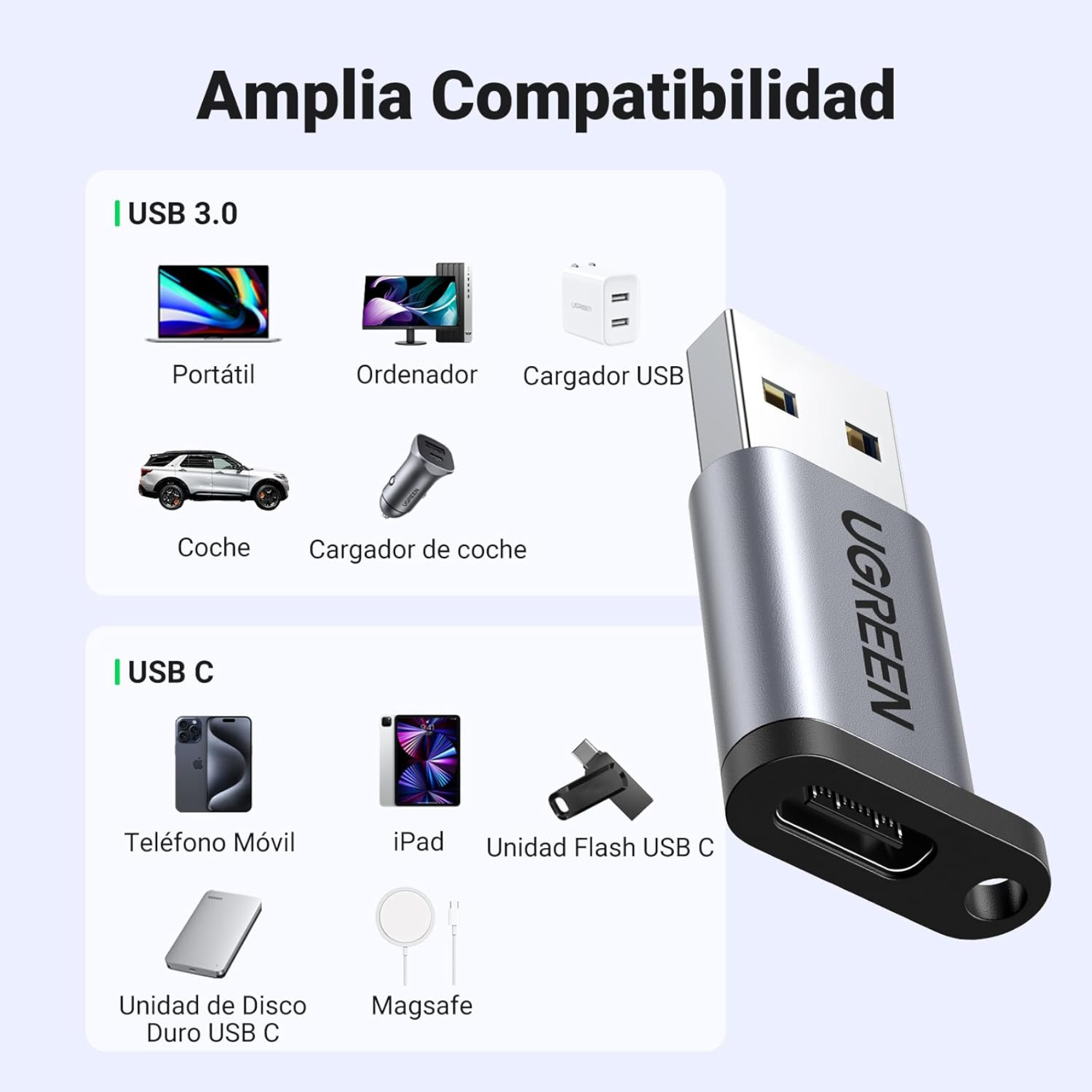 UGREEN Adaptador USB-A 3.0 Macho a USB-C 3.1 Hembra 5Gbps Plateado (US276 - 50533)