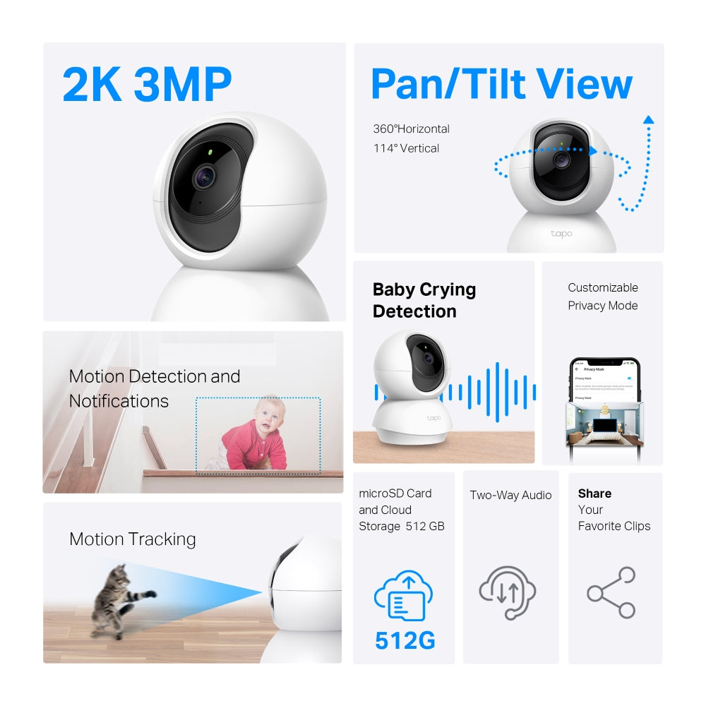 Cámara de Seguridad Inteligente Giratoria 360° TP-Link Tapo C210 Wi-Fi Interior 2K
