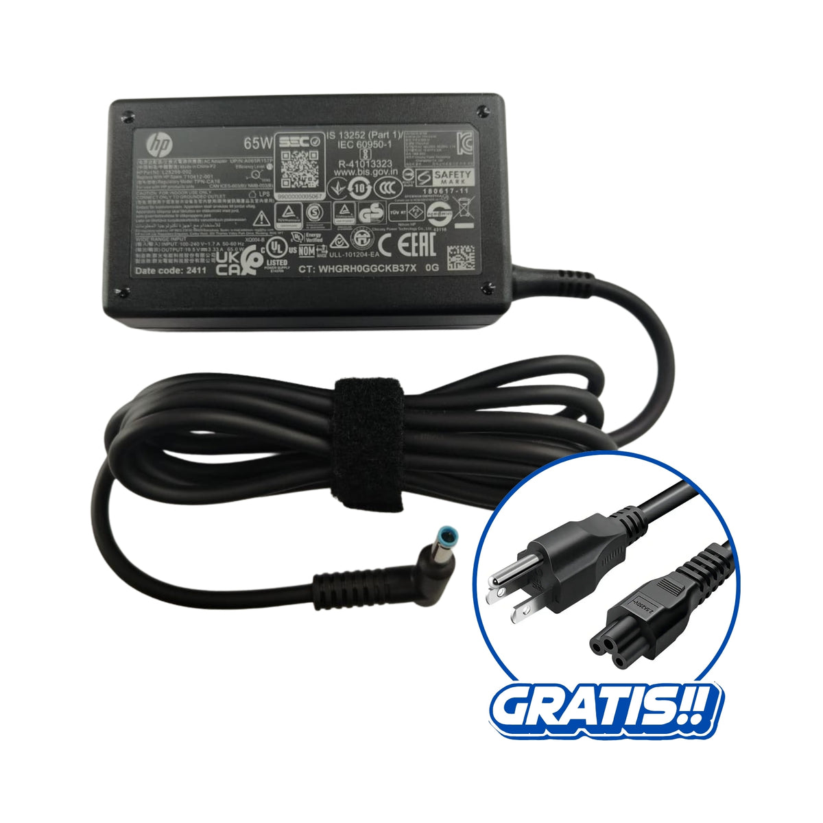 Cargador de laptop HP 65W Original Punta Azul 710412-001 más cable de alimentación