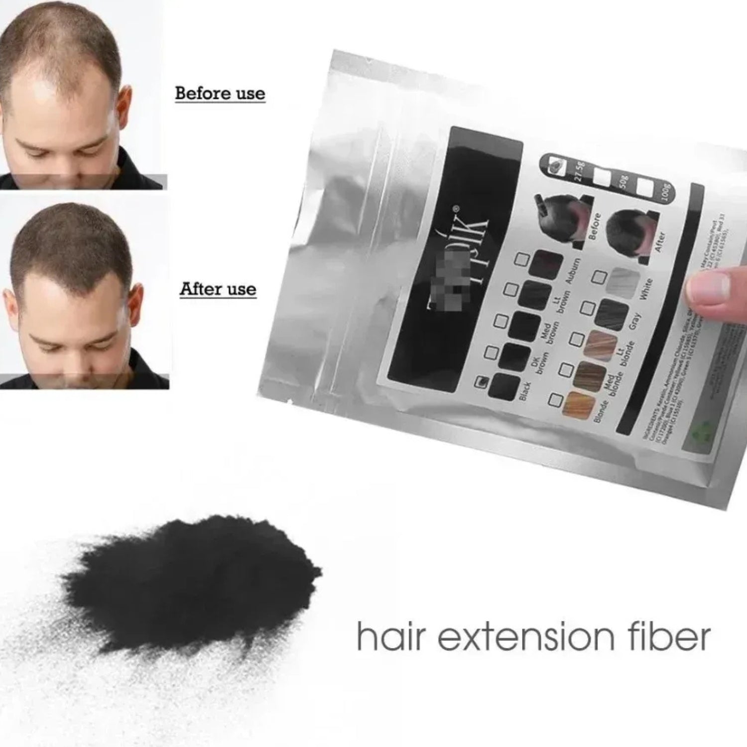 Aplicación de Fibras Capilares Toppik color negro sobre cuero cabelludo