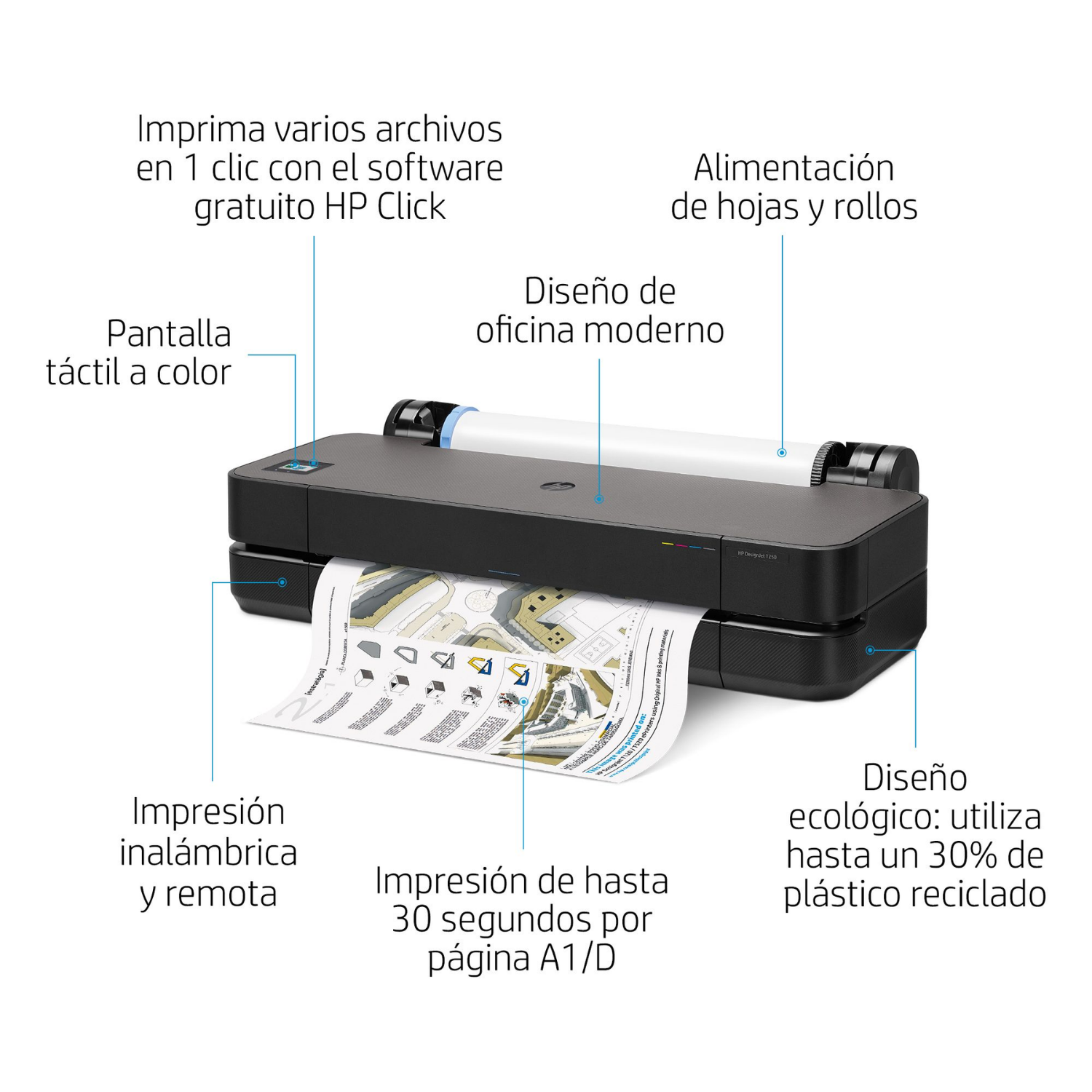 Impresora Plotter HP DesignJet T250 A1 Color de 24" Pulgadas y Wi-Fi, USB (5HB06A)