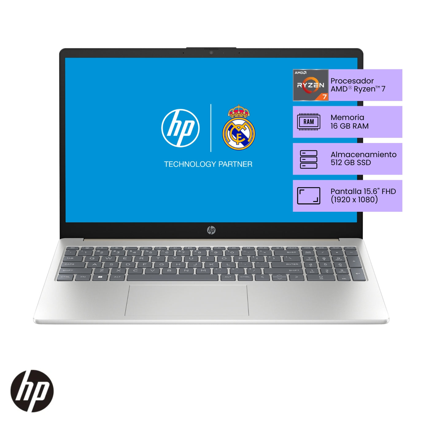 Laptop HP 15-fc0012la Ryzen 7 frontal con pantalla FHD de 15.6 pulgadas