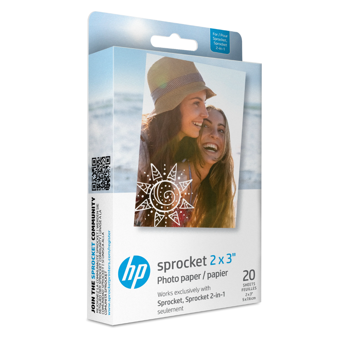 Papel fotográfico adhesivo para impresora HP Sprocket, HP Zink de 2" x 3", 20 hojas (1WS91A)