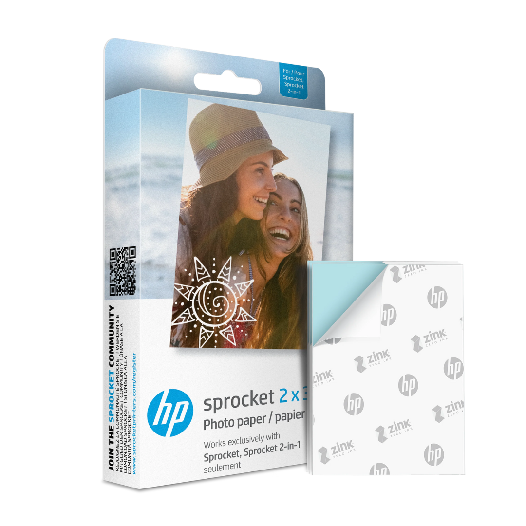 Papel fotográfico adhesivo para impresora HP Sprocket, HP Zink de 2" x 3", 20 hojas (1WS91A)