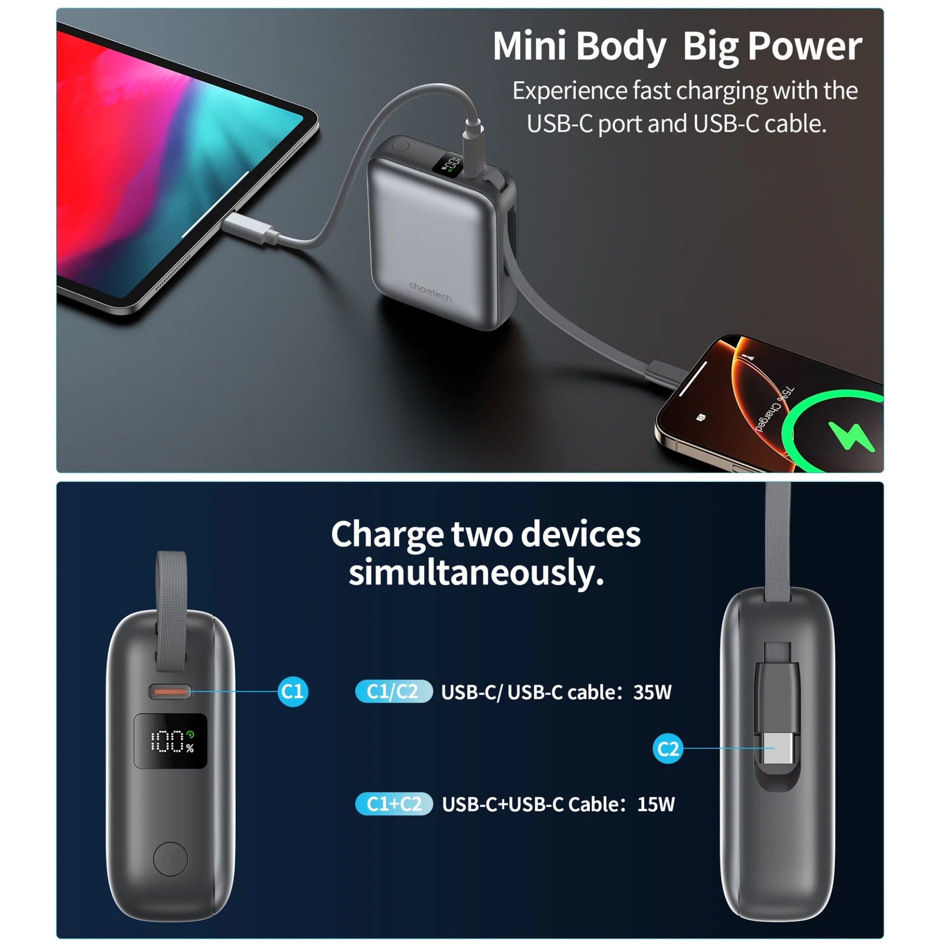 Power Bank CHOETECH B832-GY con salida dual USB-C y cable USB-C Integrado para carga simultánea