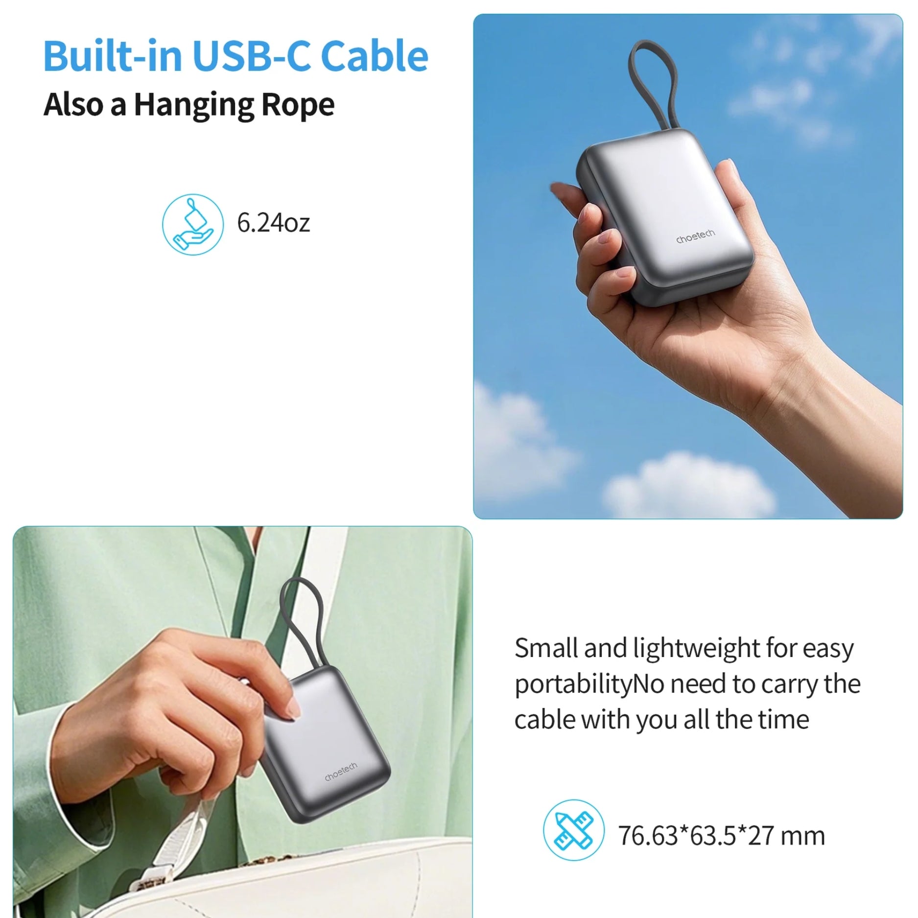 Diseño compacto y ligero del Power Bank CHOETECH B832-GY portátil, liviano y ligero