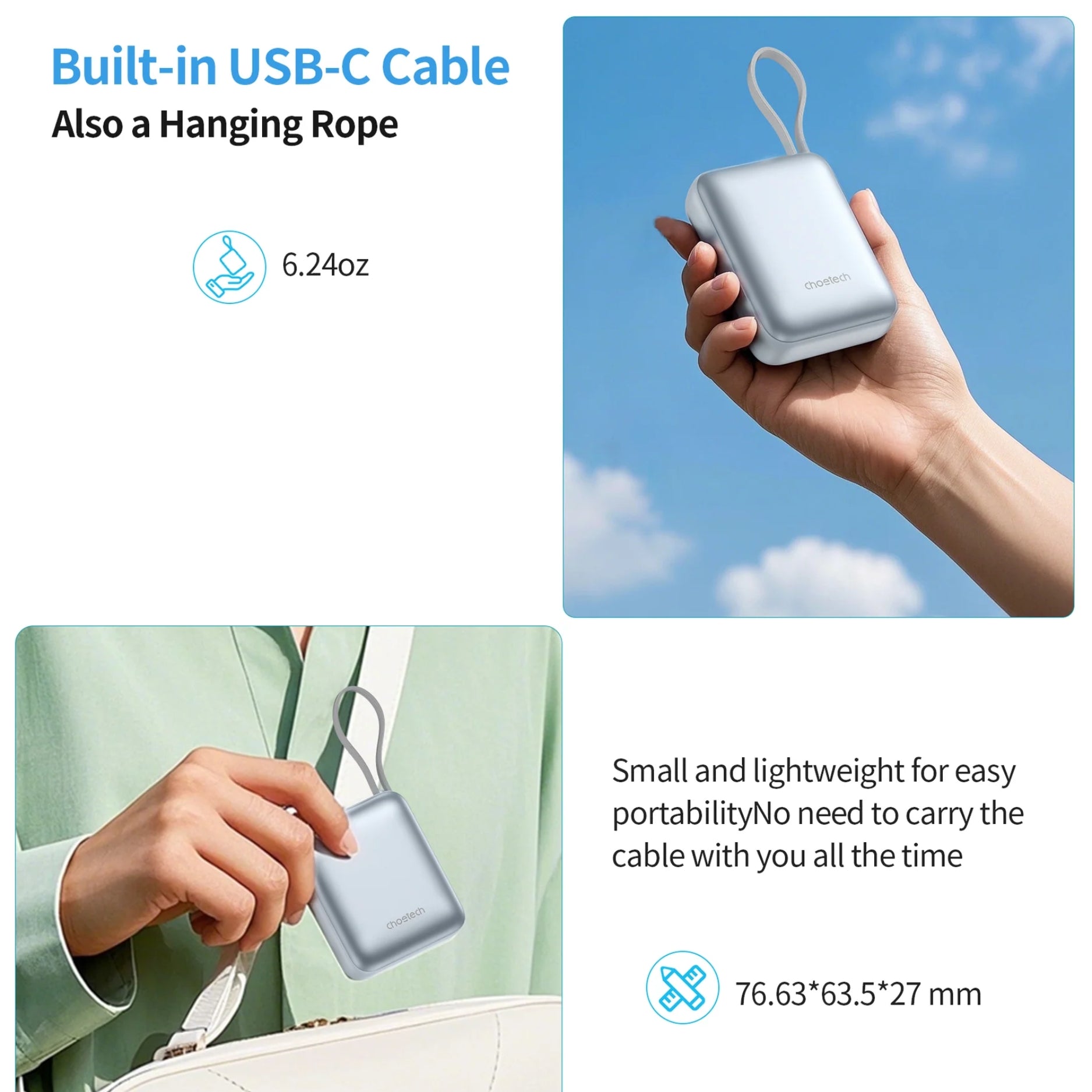Diseño compacto y ligero del Power Bank CHOETECH B832-LBE portátil, ligero y liviano