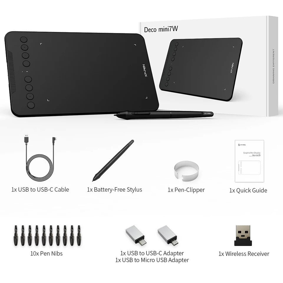 Tableta Gráfica XP-Pen Deco Mini 7W Inalámbrica, 8192 niveles de presión, USB-C, 26 x 16.2cm, 8 teclas