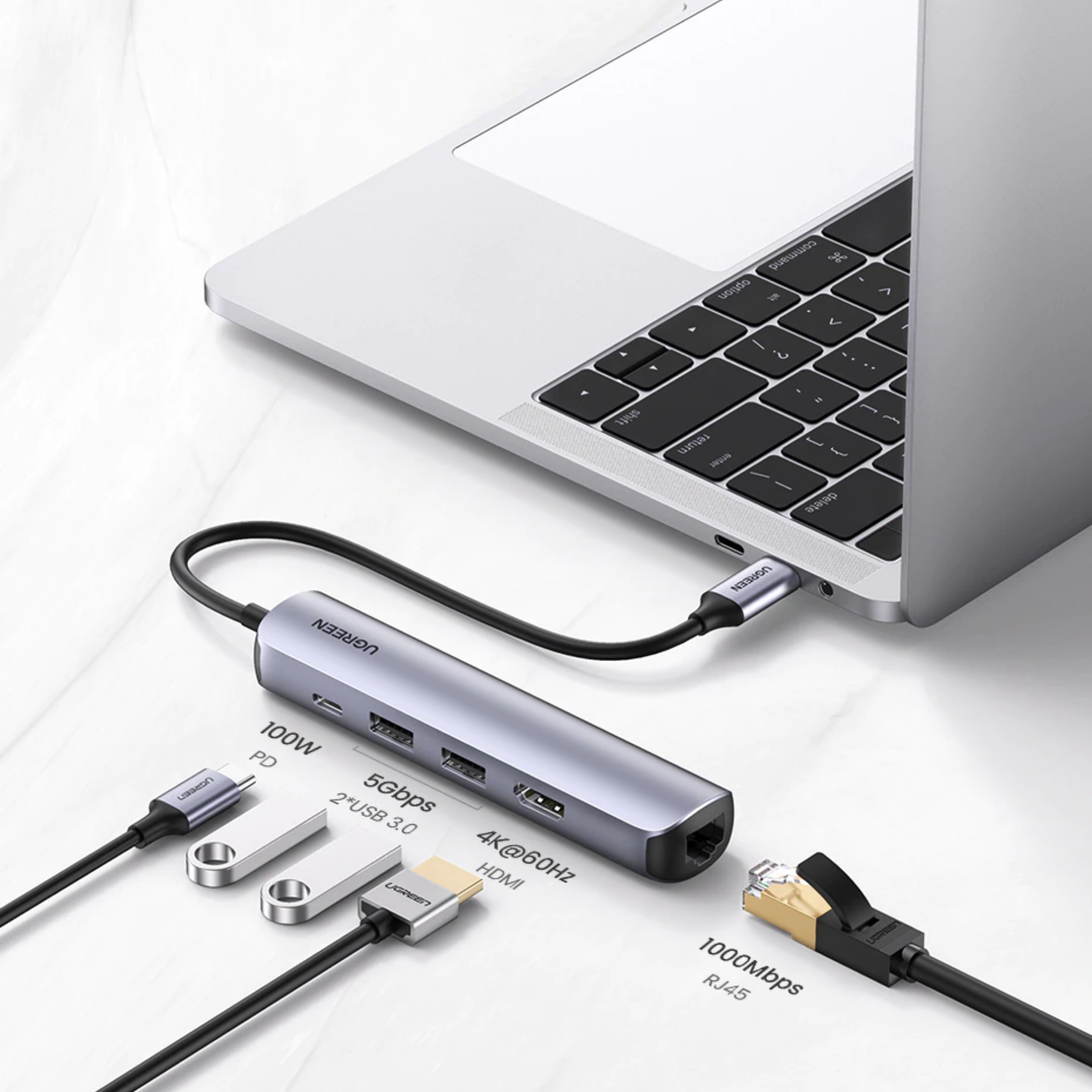 Hub adaptador USB-C Ugreen 5-en-1 RJ45, HDMI, USB 3.0, USB-C (10919)