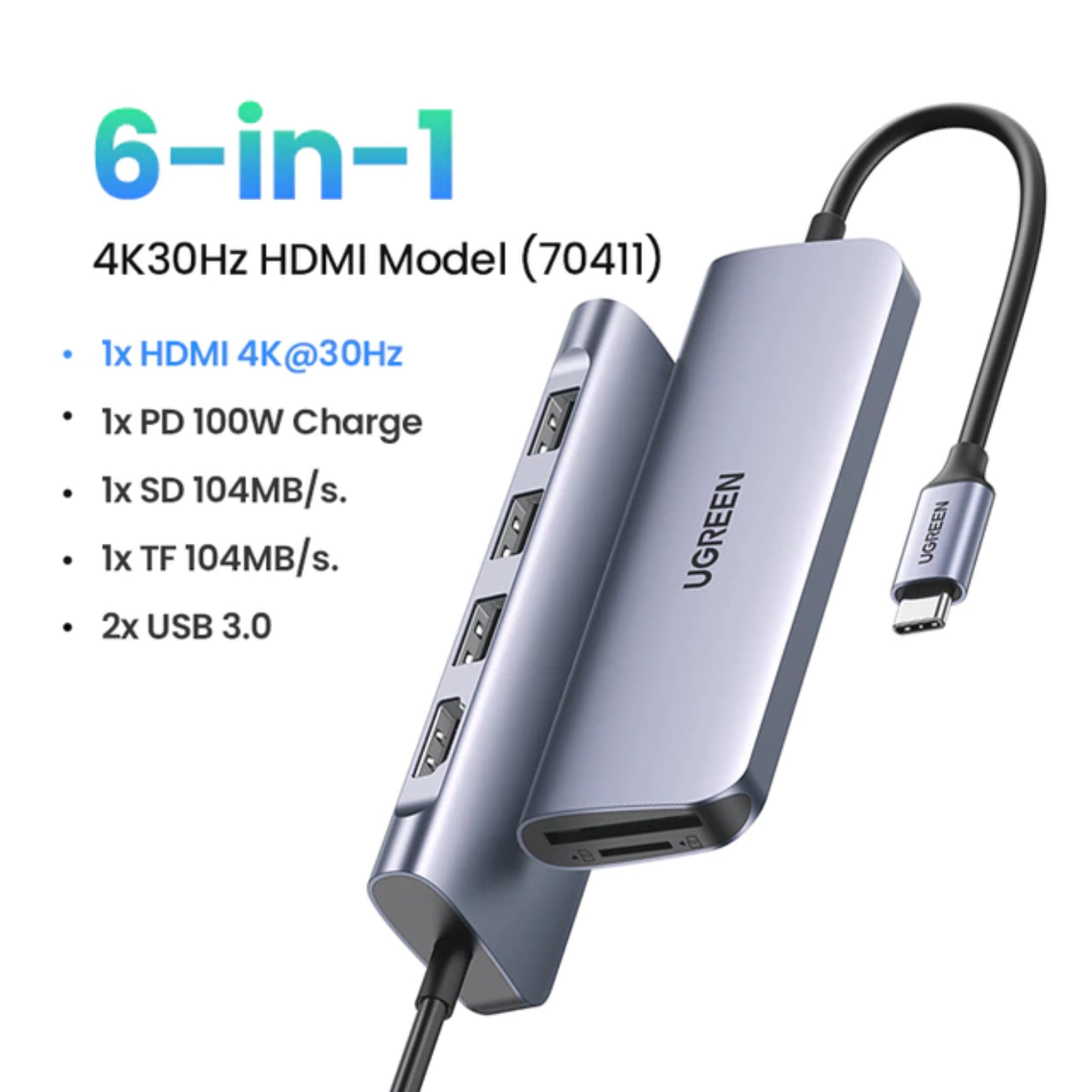 Hub adaptador Ugreen CM195 USB-C 6-en-1 (70411)
