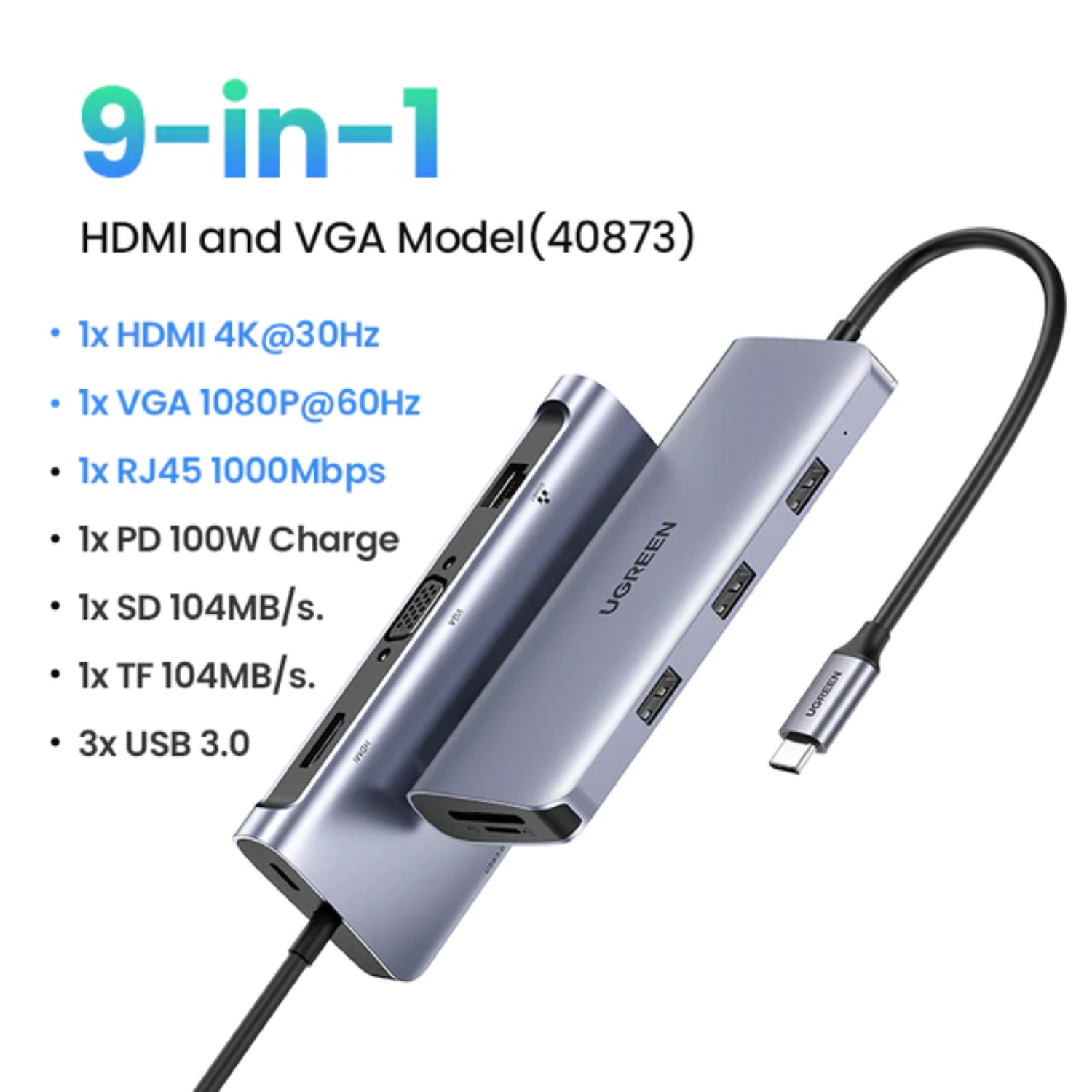 Hub adaptador Ugreen CM179 USB-C 9-en-1 (40873)