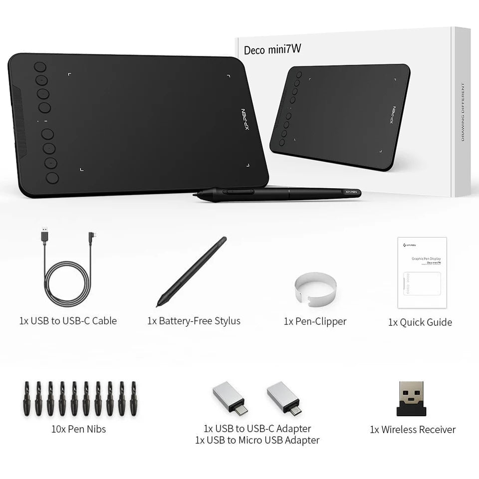Caja y accesorios de la tableta XP-Pen Deco Mini 7W Inalámbrica en Perú