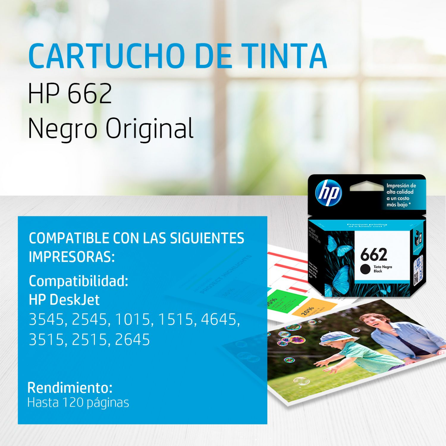 Cartucho de tinta HP 662 Negro (CZ103AL) DeskJet 2515, 3515, 120 Pag.