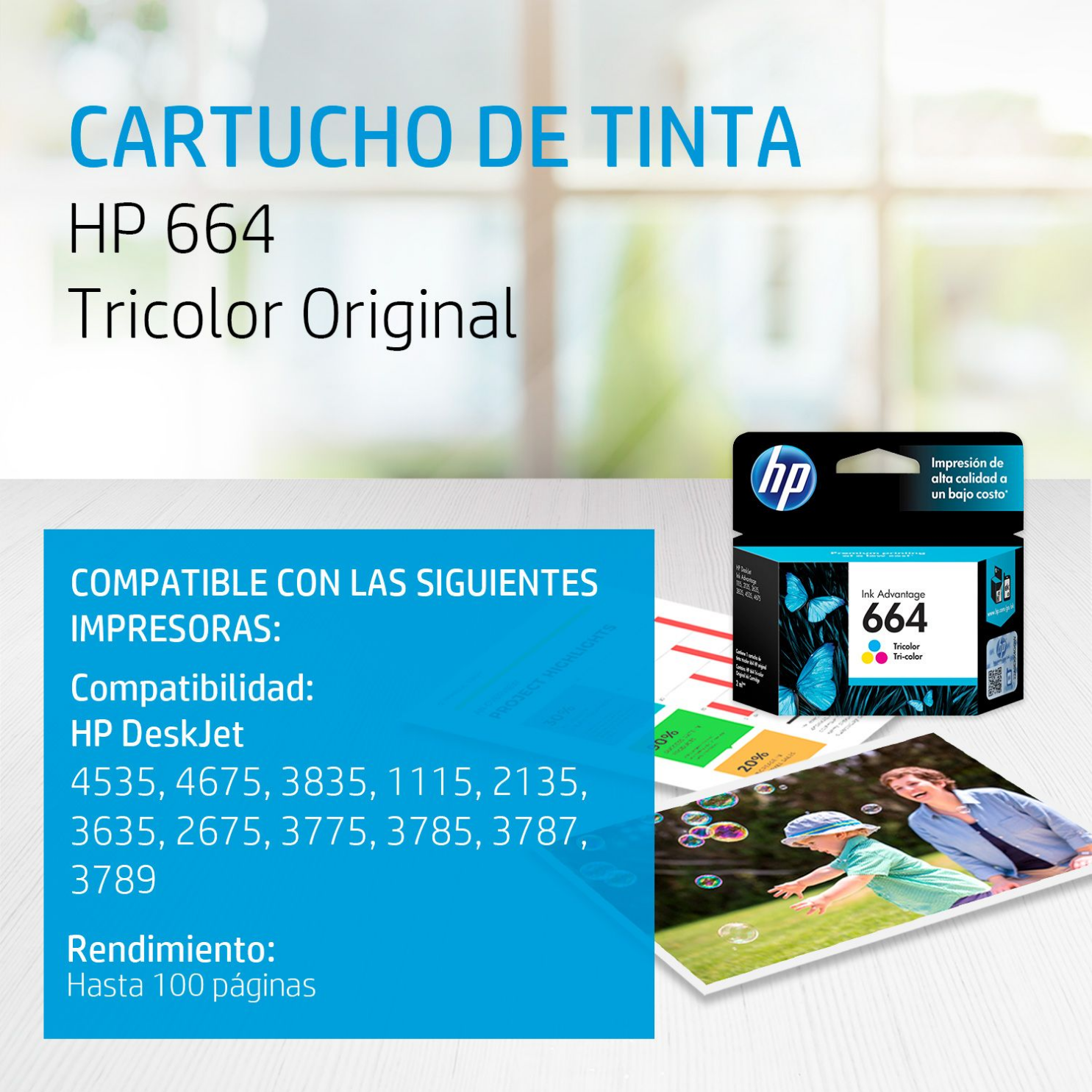 Cartucho de tinta HP 664 Tricolor (F6V28AL) DeskJet 1115, 2135, 4535, 4675 , 100 Pag.
