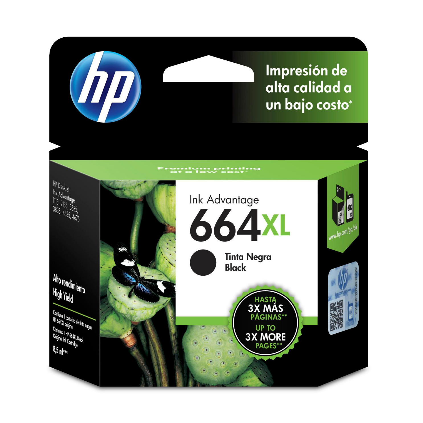 Cartucho de tinta HP 664XL Negro (F6V31AL) DeskJet 1115, 2135, 4535, 4675, 480 Pag.