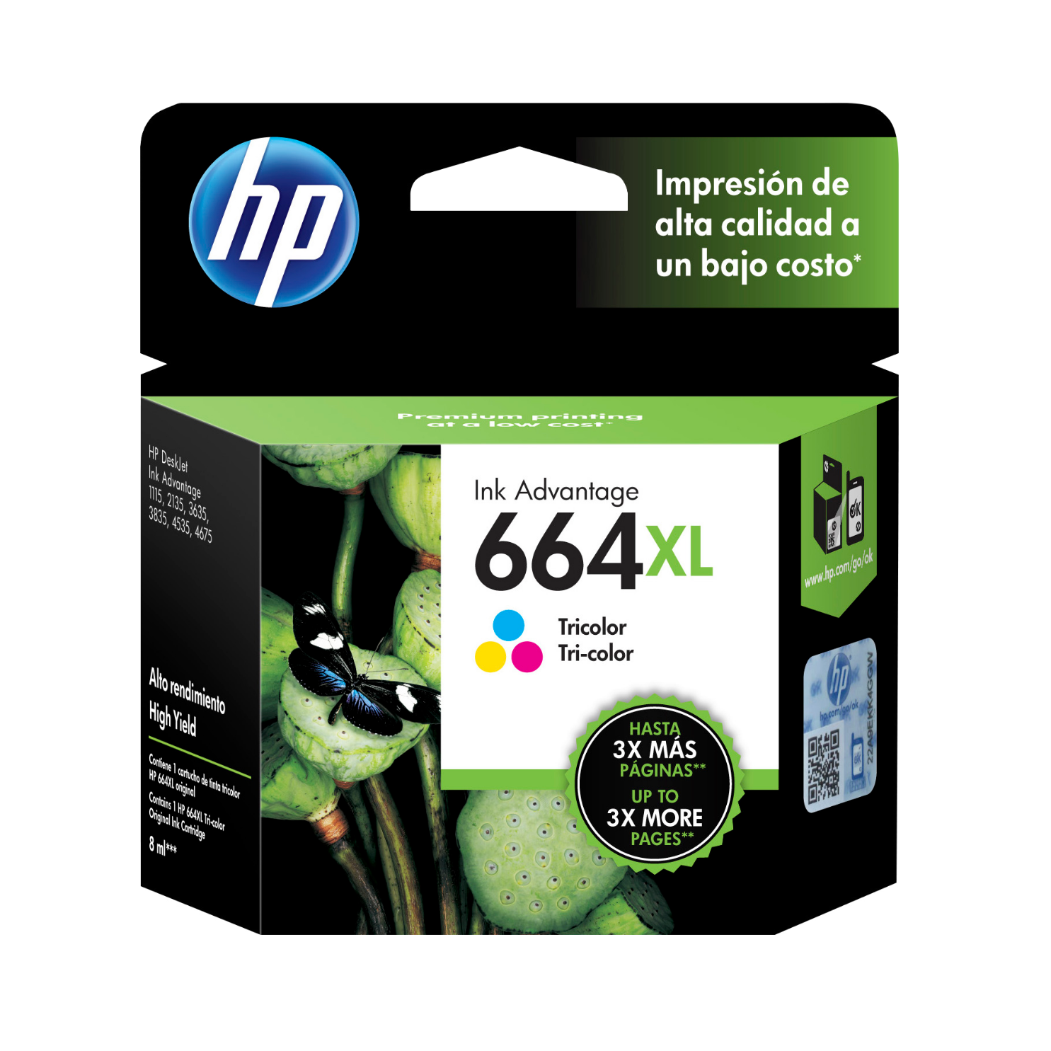 Cartucho de tinta HP 664XL Tricolor (F6V30AL) DeskJet 1115, 2135, 4535, 4675, 330 Pag.