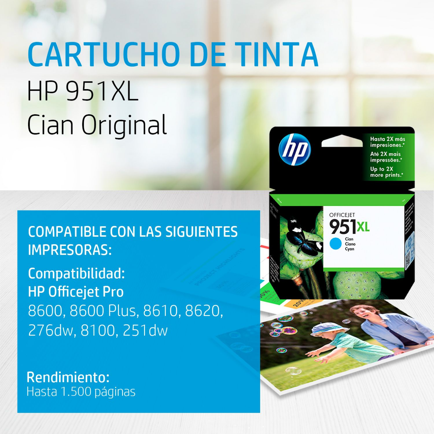 Cartucho de tinta HP 951XL Cian (CN046AL) OfficeJet 8100, 8600, 1500 Pag.