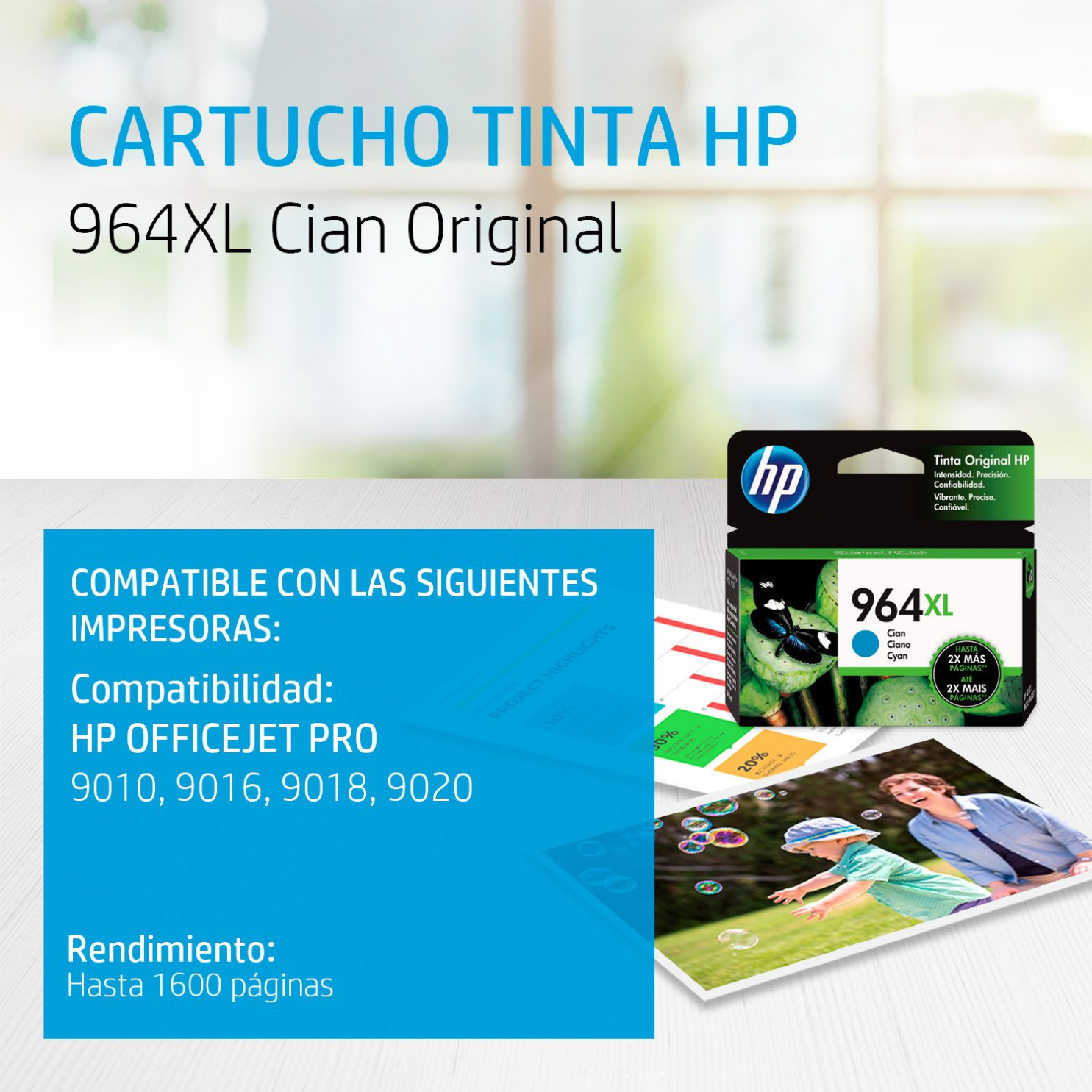 Cartucho de tinta HP 964XL Cian Original (3JA54AL) OfficeJet 9010, 9020, 1600 Pag.