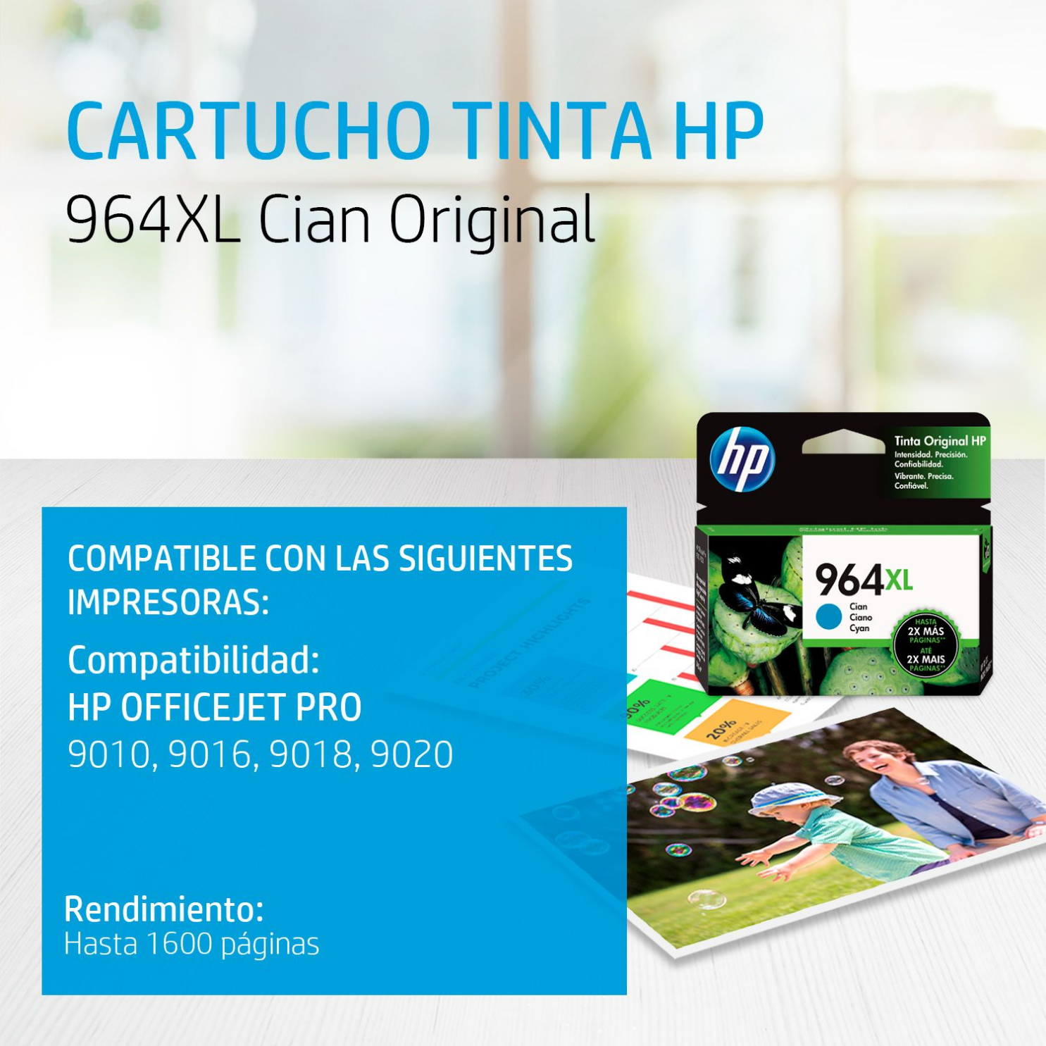 Cartucho de tinta HP 964XL Cian (3JA54AL) OfficeJet 9010, 9020, 1600 Pag.