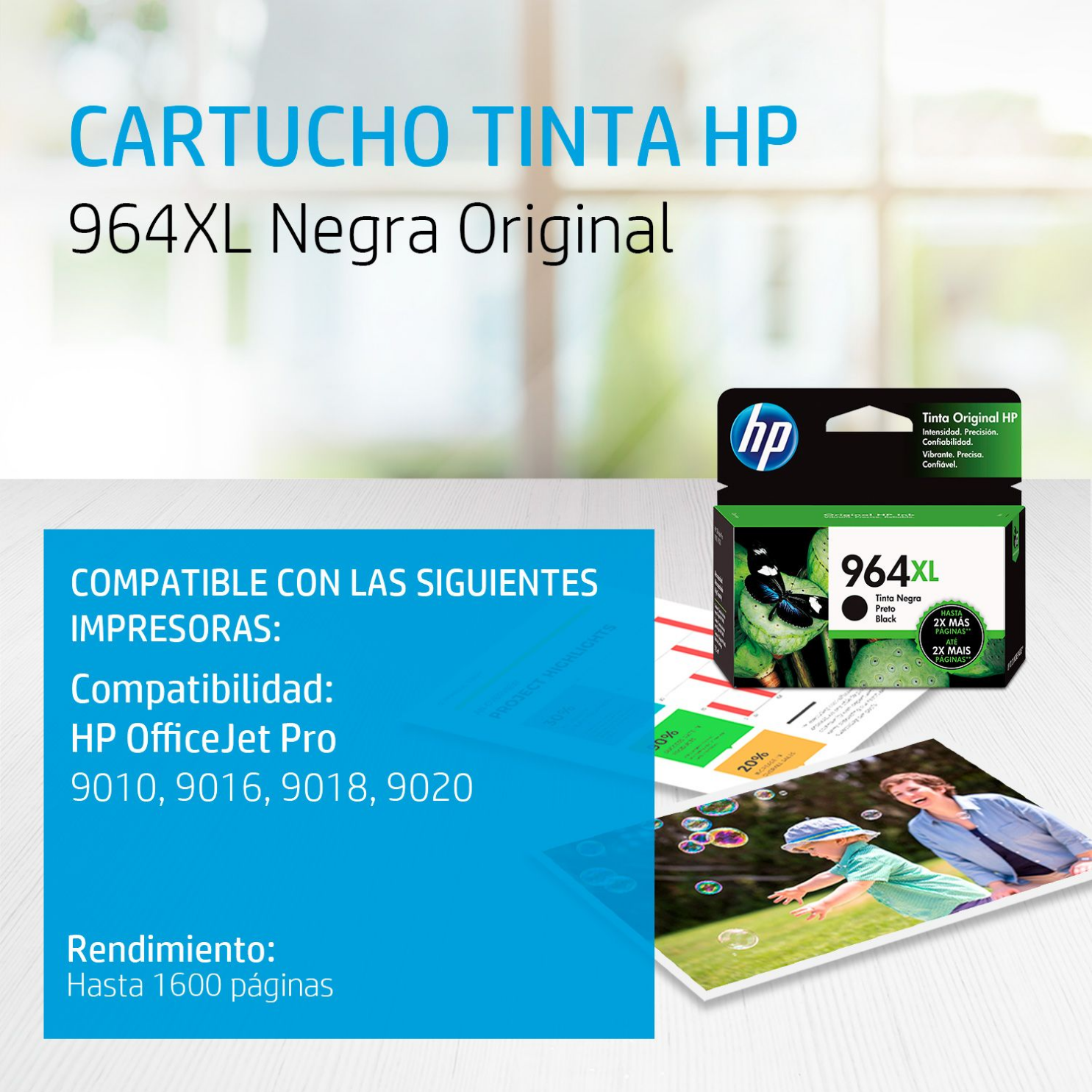 Cartucho de tinta HP 964XL Negro Original (3JA57AL) OfficeJet 9010, 9020, 1600 Pag.