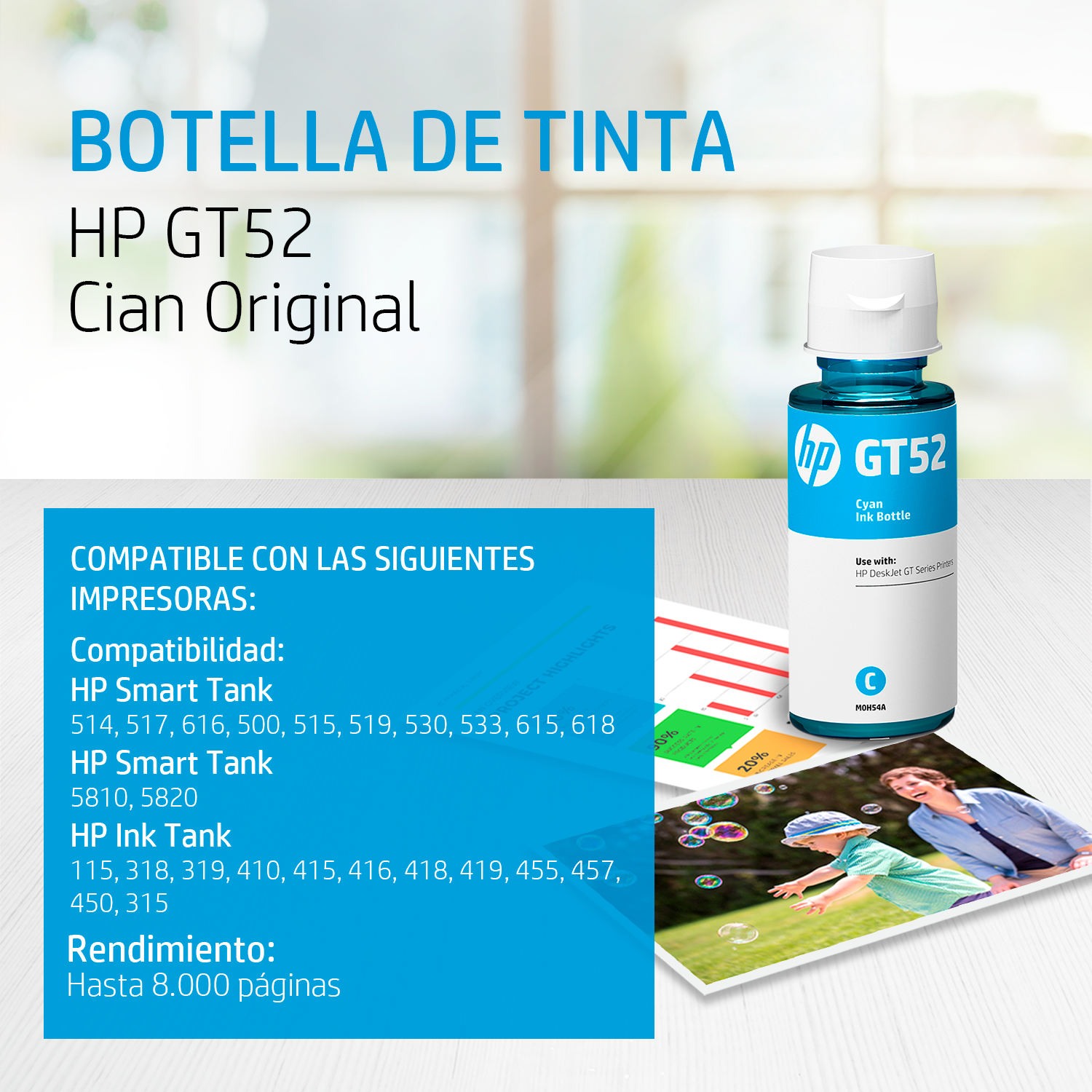 Botella de Tinta HP GT52 Cian Original (M0H54AL) 70ml