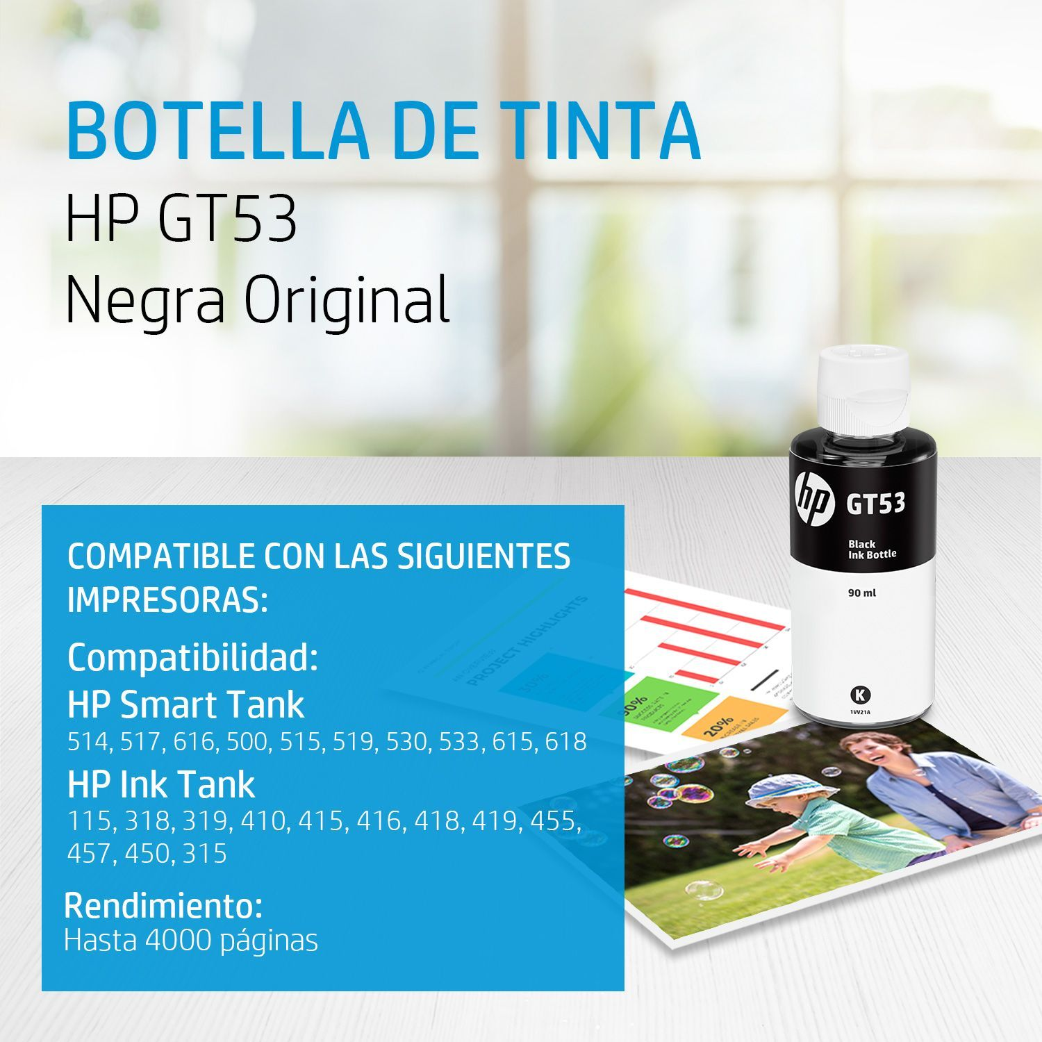 Botella de Tinta HP GT53 Negro Original (1VV22AL) 90ml