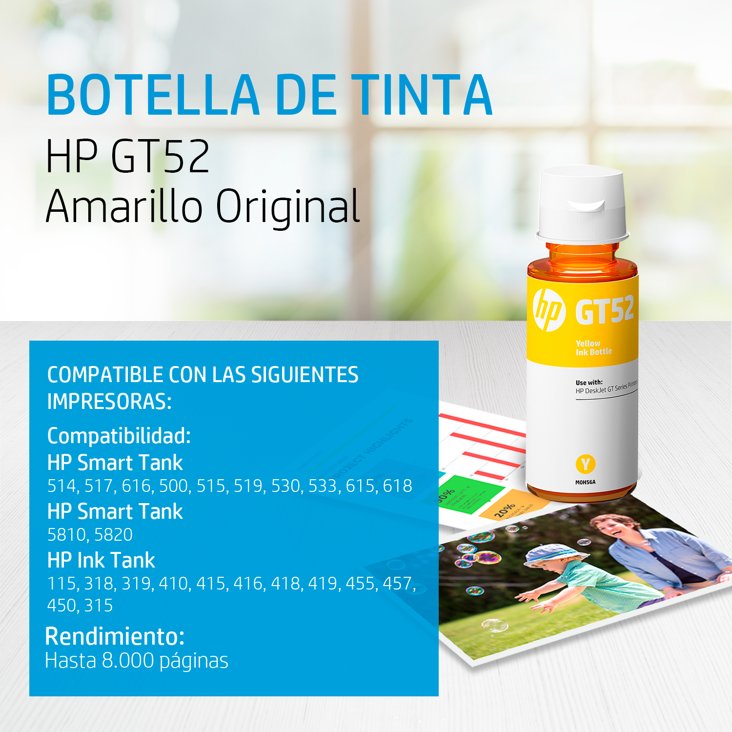 Botella de Tinta HP GT52 Amarilla Original (M0H56AL) 70ml