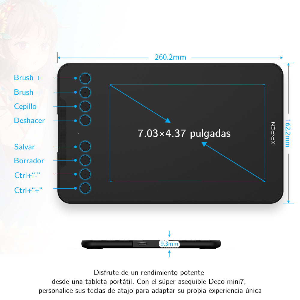 Tableta Gráfica XP-Pen Deco Mini 7, 8192 niveles de presión, USB-C, 26 x 16.2cm, 8 teclas