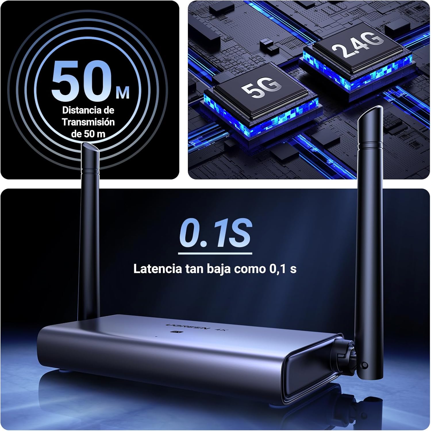 UGREEN Transmisor y Receptor Inalámbrico HDMI 4K 30HZ, 5G/2.4G, 50 Metros para PC, Laptop Cámara, TV (CM586 - 90909A)