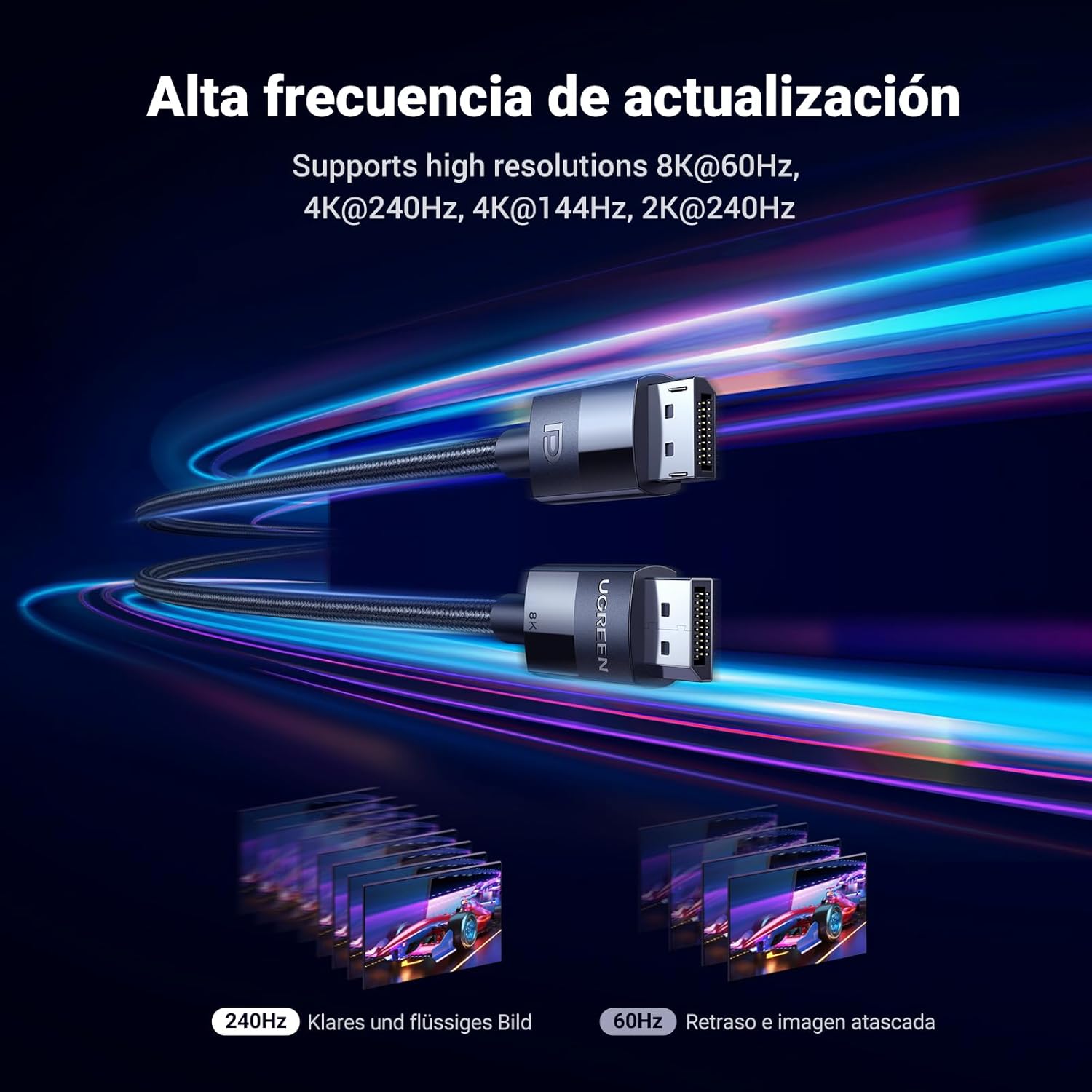 UGREEN Cable DisplayPort 1.4, 8K @60Hz, 4K @144Hz, 32.4 Gbps, VESA, Trenzado, 3 Metros (DP114 - 80393)