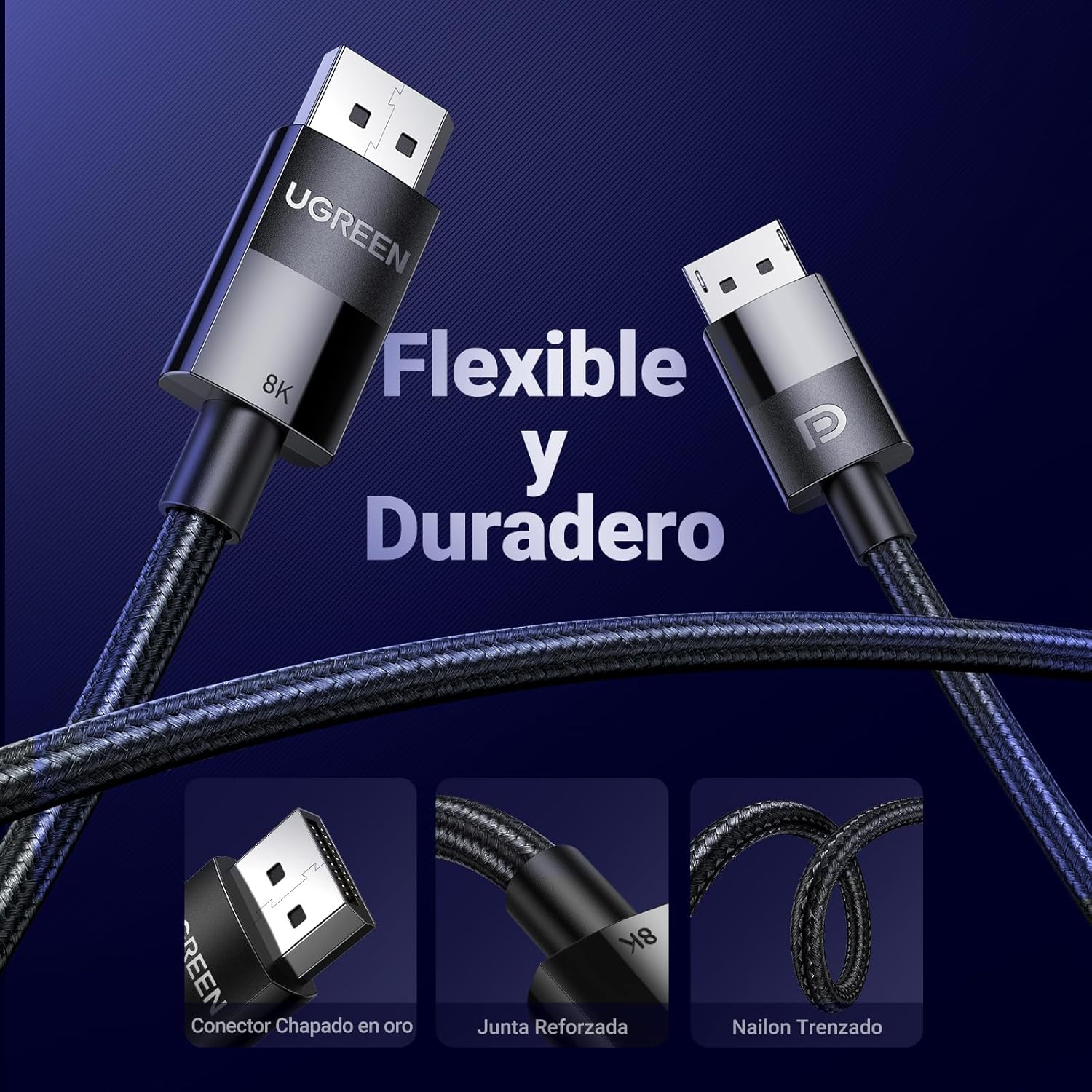UGREEN Cable DisplayPort 1.4, 8K @60Hz, 4K @144Hz, 32.4 Gbps, VESA, Trenzado, 3 Metros (DP114 - 80393)