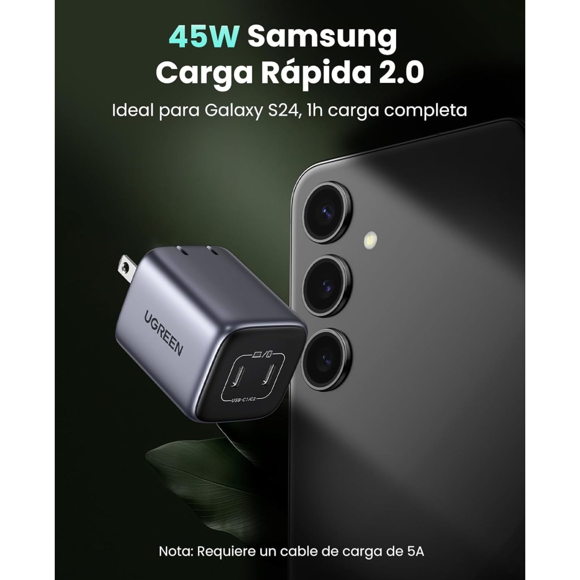 UGREEN Cargador USB-C 45W Carga Rápida Nexode GaN para Samsung, iPhone, Xiomi (CD294 - 90572)