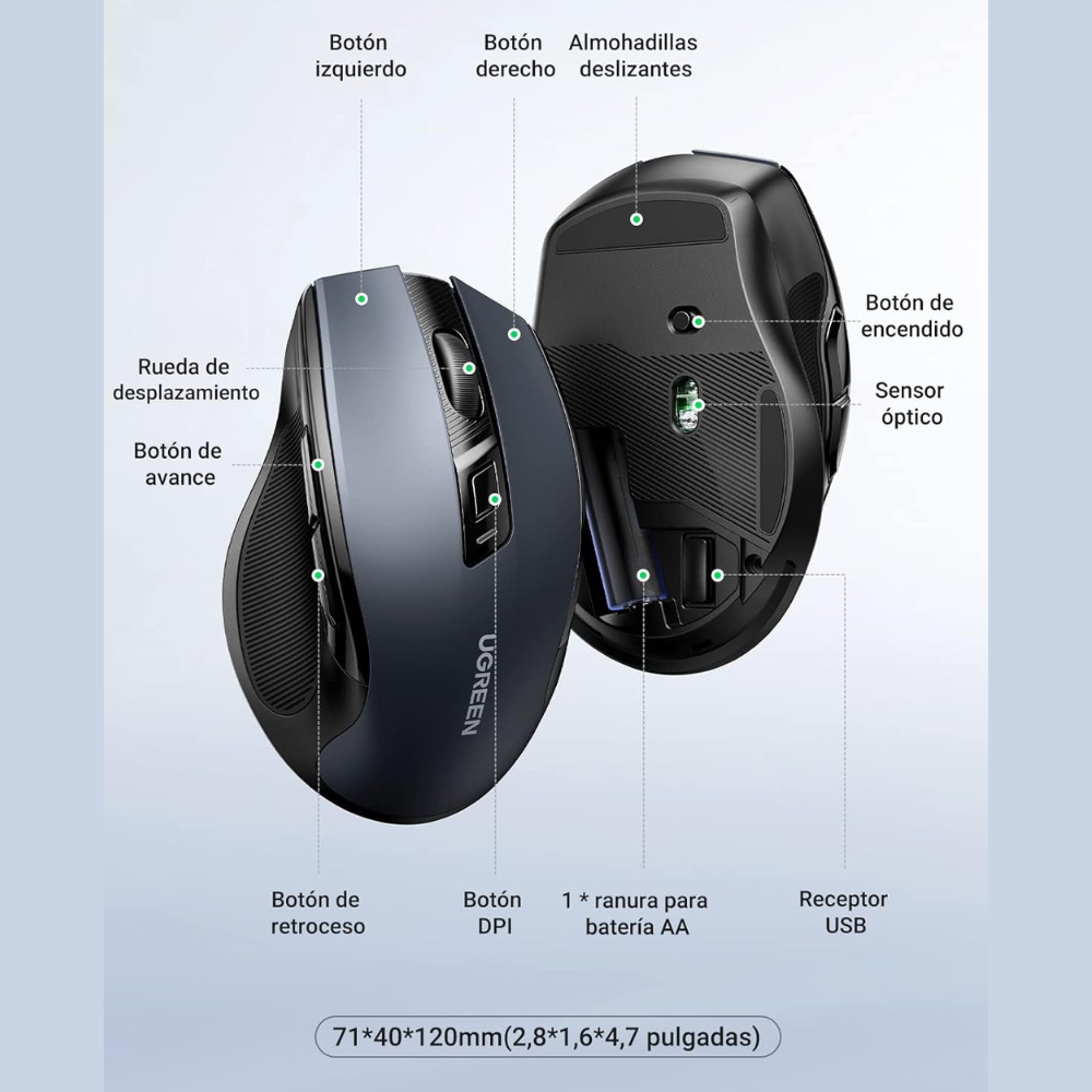 UGREEN Mouse Inalámbrico 2.4 GHz Ergonómico, 6 botones, 4000 DPI (MU006 - 90545)