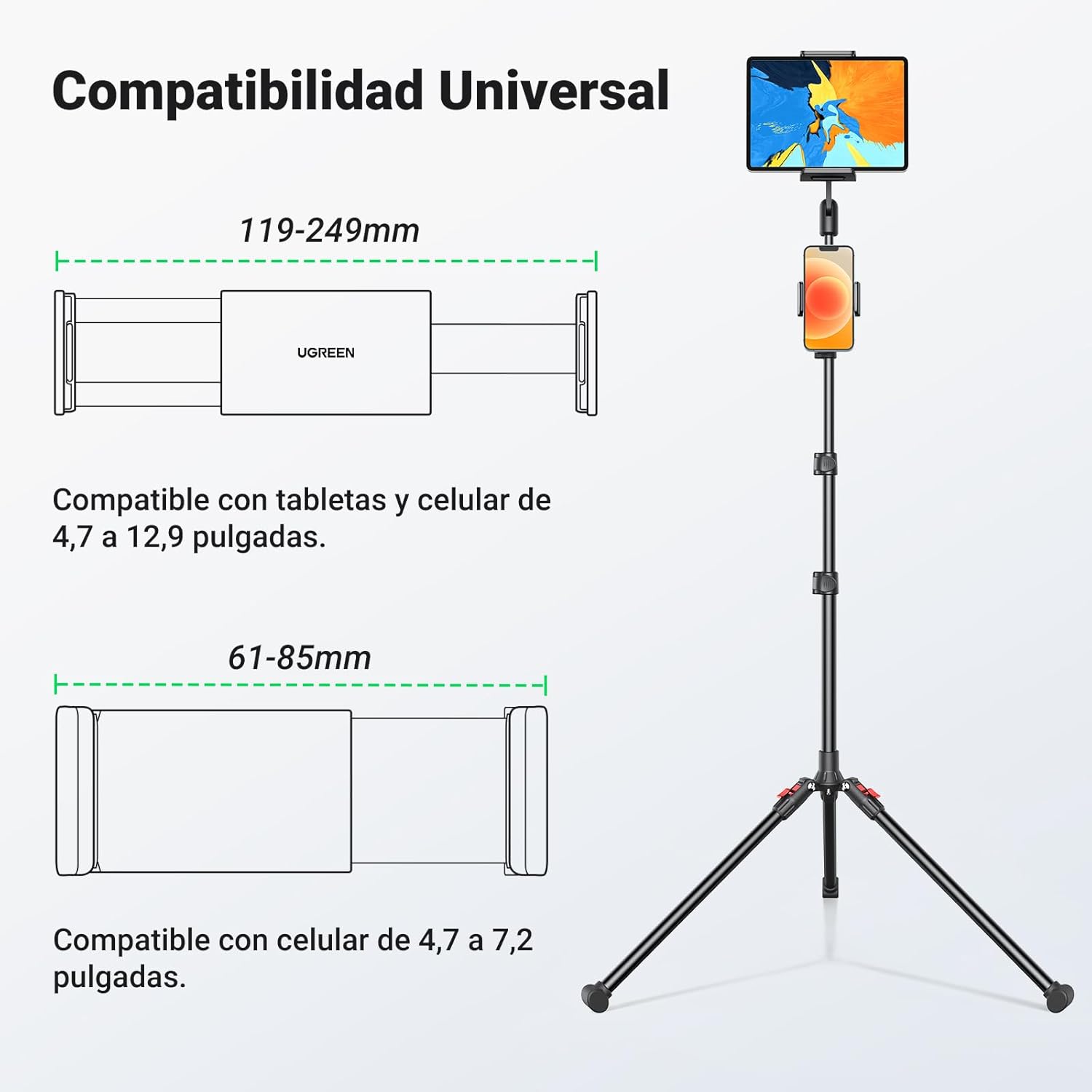 Trípode con soporte ajustable 2 en 1 UGREEN LP585 para Celular, Tablet, iPhone, iPad de 4,7"a 12,9"(15647)