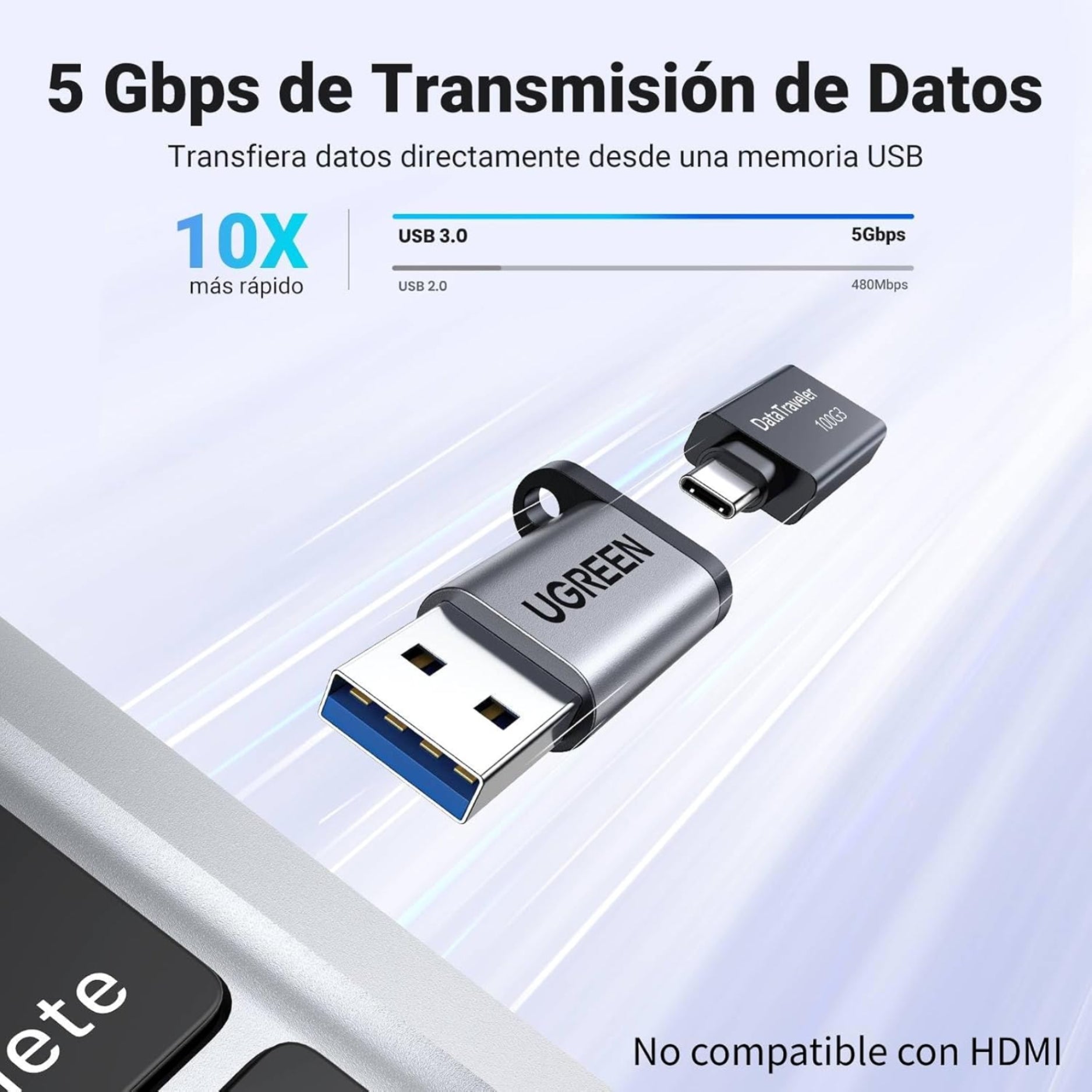 Adaptador UGREEN USB-C (hembra) a USB 3.0 (macho) 5Gbps Plateado (US276 - 50533)