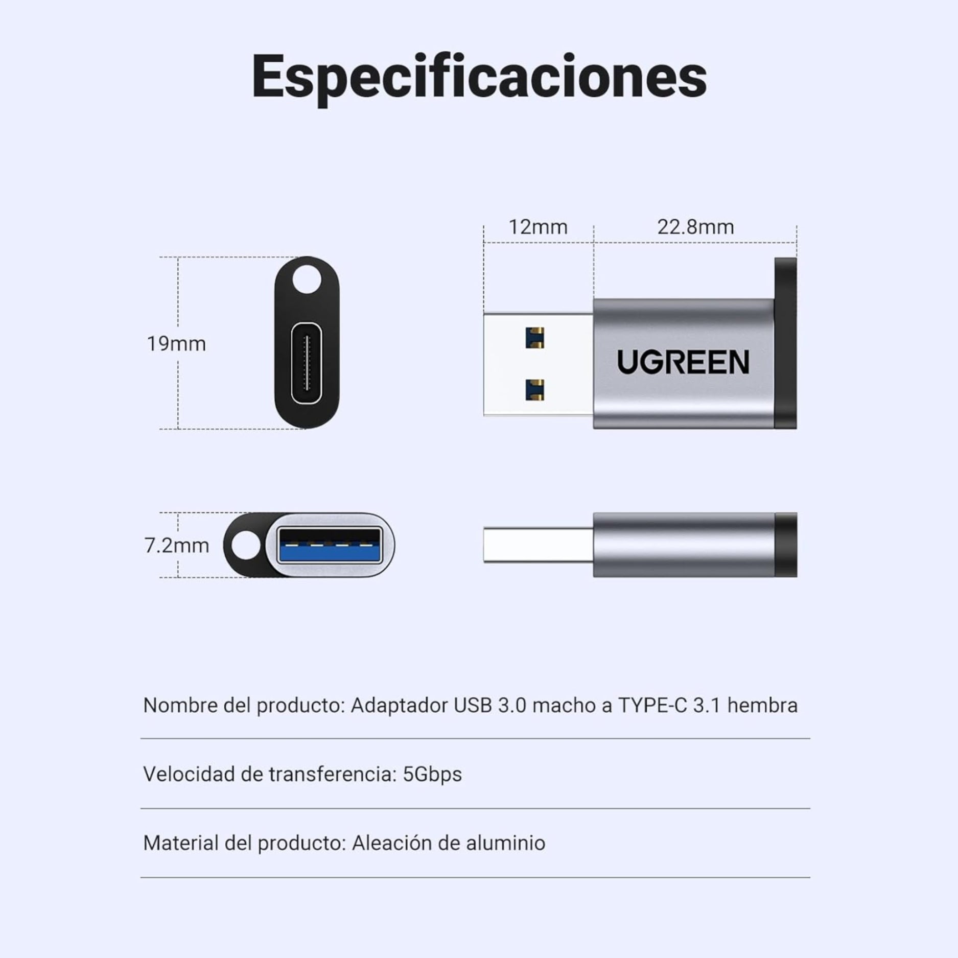 Adaptador UGREEN USB-C (hembra) a USB 3.0 (macho) 5Gbps Plateado (US276 - 50533)