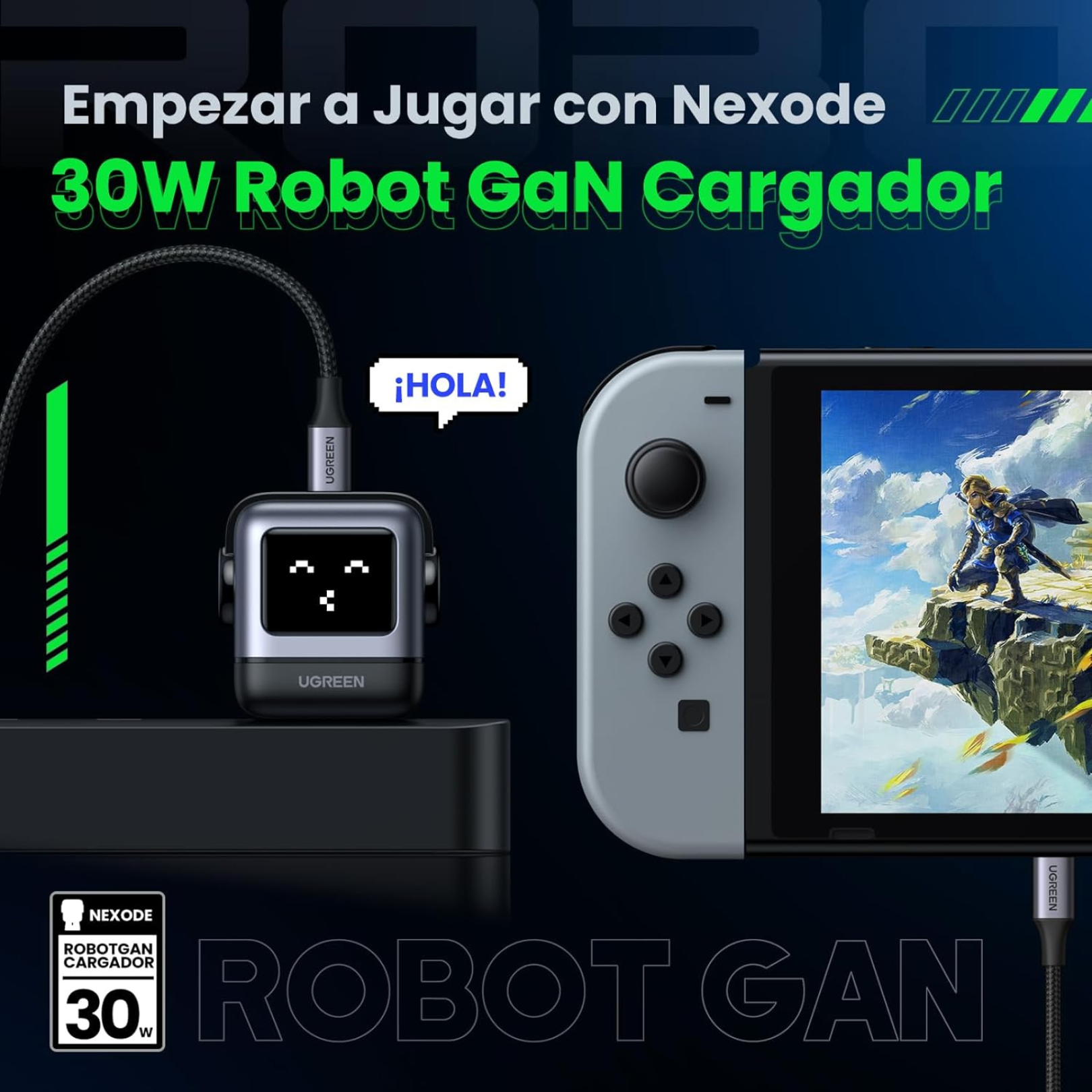 Cargador Ugreen 30W USB-C Carga Rápida, Nexode Robot GaN, Pantalla Led, Negro (15550)