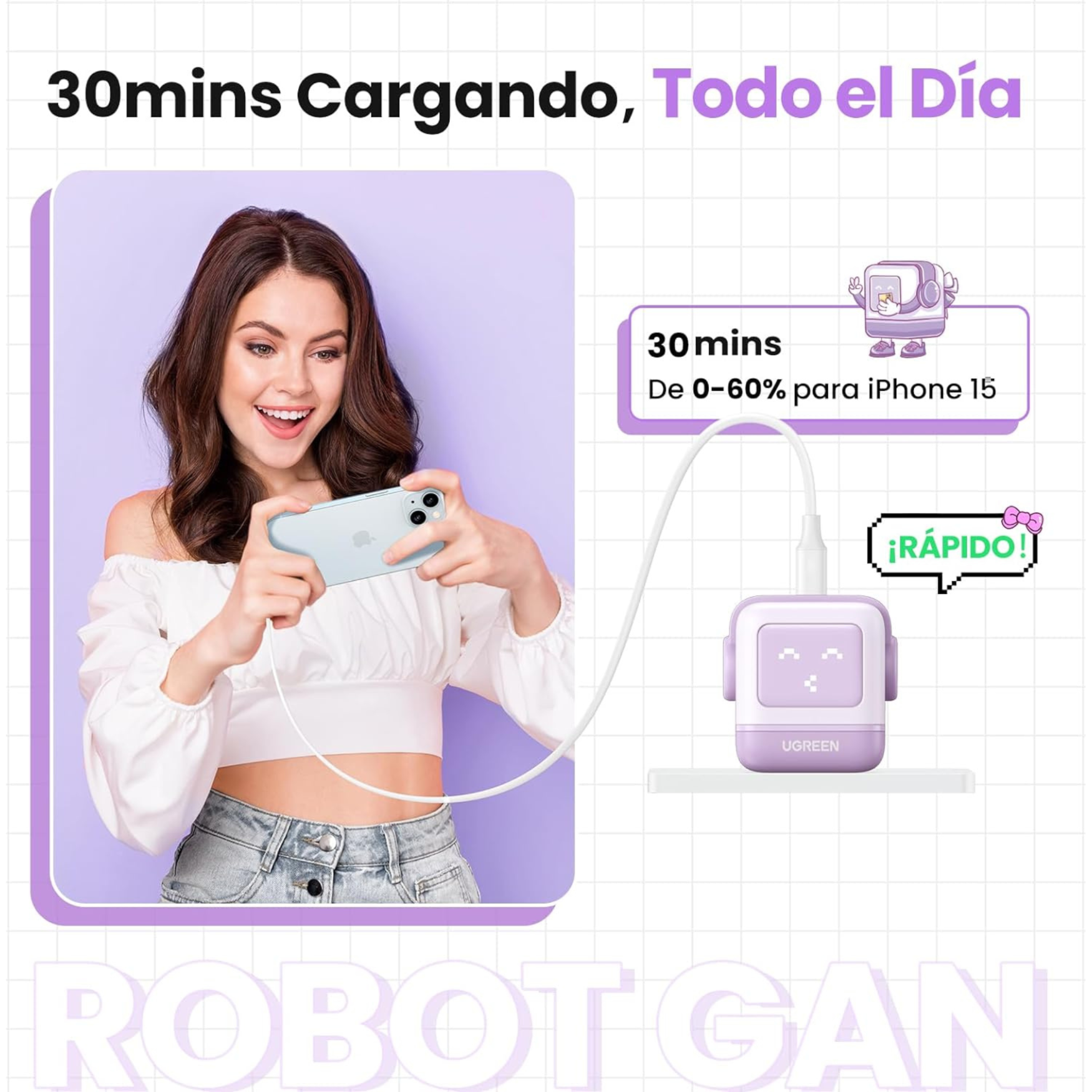 Cargador USB-C 30W Ugreen de Carga Rápida Robot GaN Púrpura (25036)