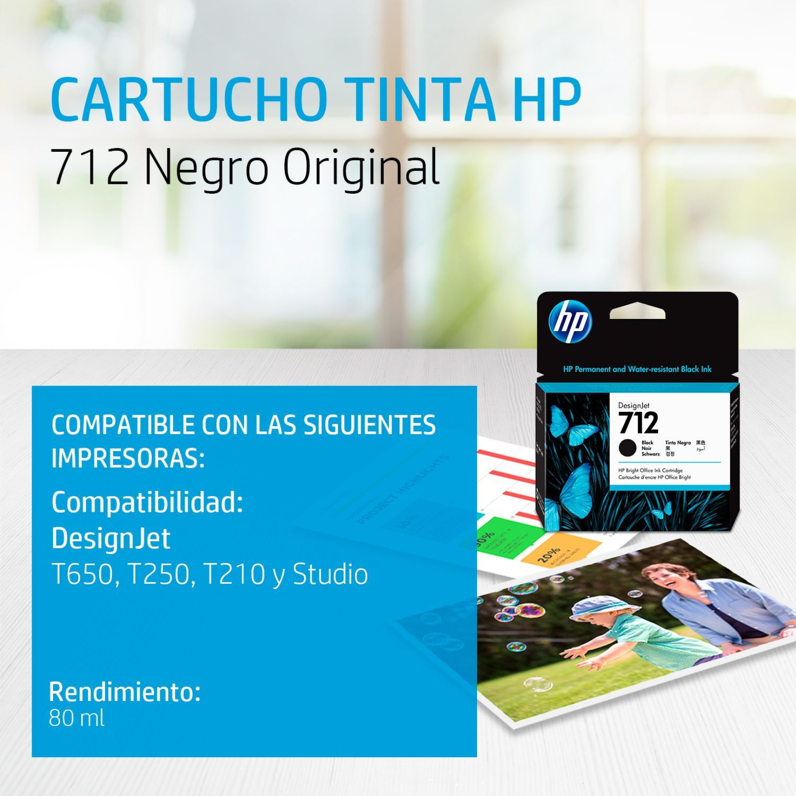 Cartucho de tinta HP 712 Negro Original (3ED71A) DesignJet T210/T250/T650 80ml