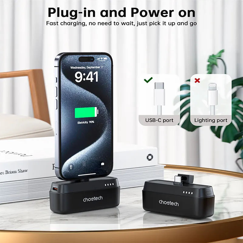 CHOETECH Mini Power Bank Portátil USB-C PD 20W, 5000 mAh, Carga Rápida, para Celular, iPhone, Tablet, Negro (B740-CCBK)