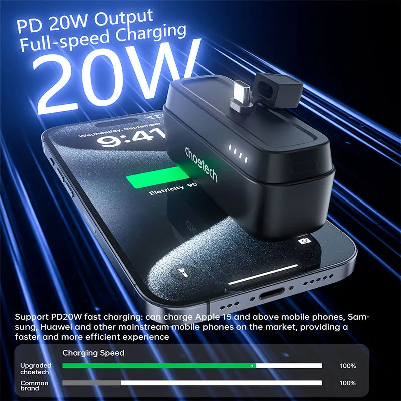 CHOETECH Mini Power Bank Portátil USB-C PD 20W, 5000 mAh, Carga Rápida, para Celular, iPhone, Tablet, Negro (B740-CCBK)
