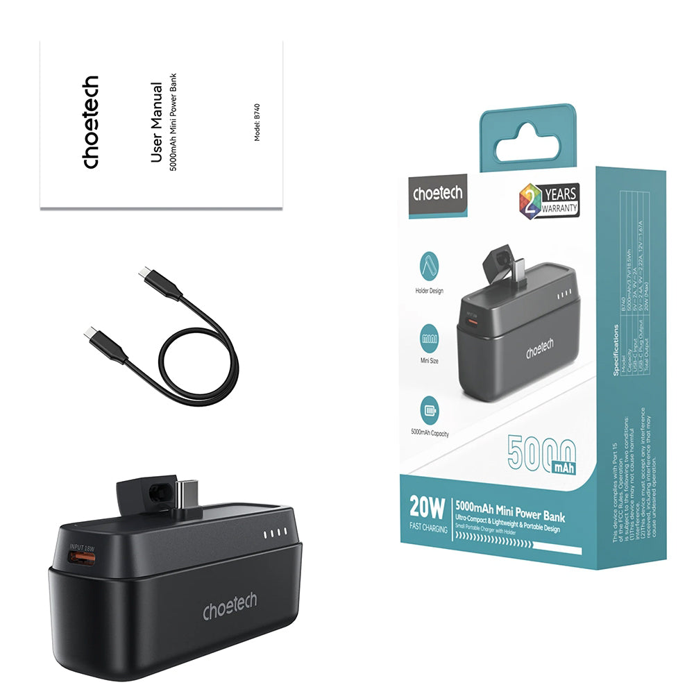 CHOETECH Mini Power Bank Portátil USB-C PD 20W, 5000 mAh, Carga Rápida, para Celular, iPhone, Tablet, Negro (B740-CCBK)