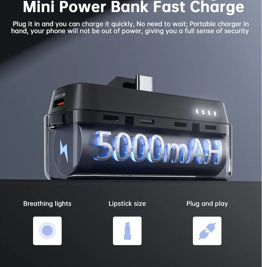 CHOETECH Mini Power Bank Portátil USB-C PD 20W, 5000 mAh, Carga Rápida, para Celular, iPhone, Tablet, Negro (B740-CCBK)