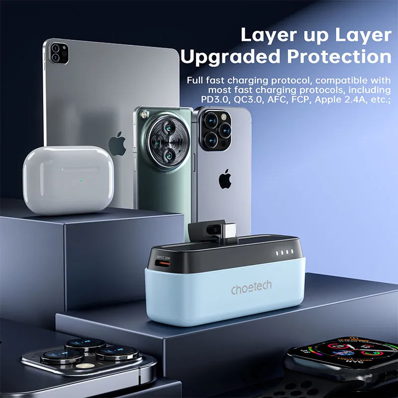 CHOETECH Mini Power Bank USB-C PD 20W, 5000 mAh, Carga Rápida, para Celular, iPhone, Tablet, Azul Celeste (B740-CCBE)