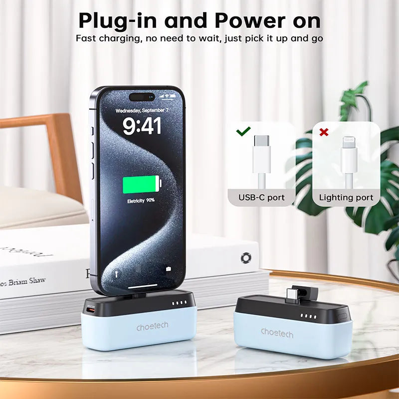 CHOETECH Mini Power Bank USB-C PD 20W, 5000 mAh, Carga Rápida, para Celular, iPhone, Tablet, Azul Celeste (B740-CCBE)