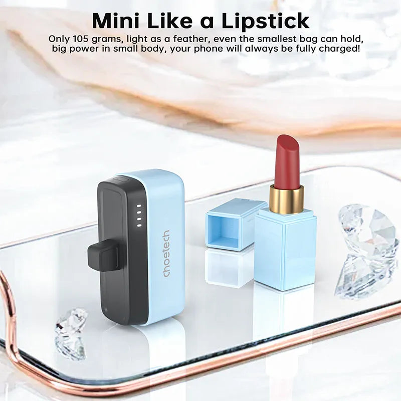 CHOETECH Mini Power Bank USB-C PD 20W, 5000 mAh, Carga Rápida, para Celular, iPhone, Tablet, Azul Celeste (B740-CCBE)