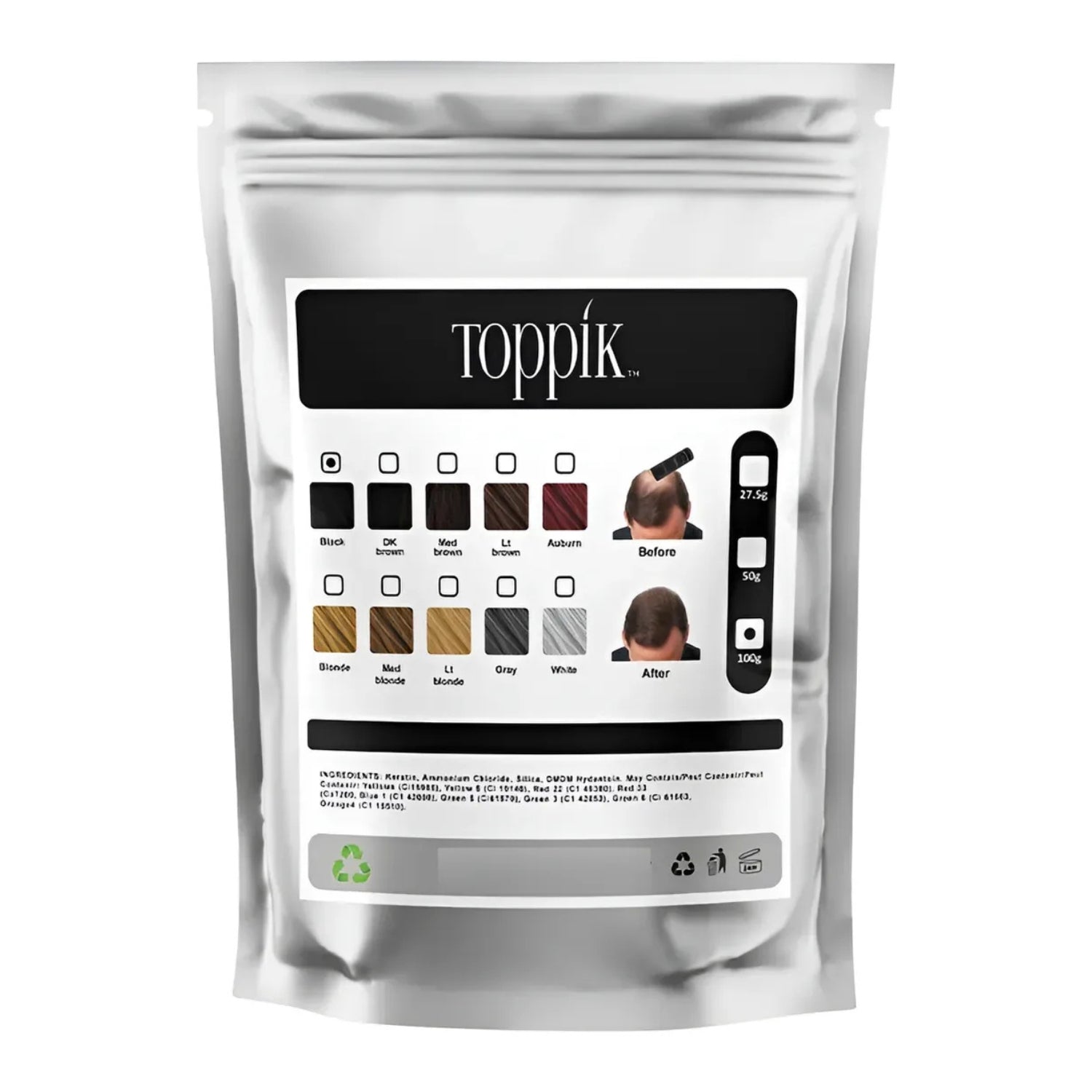 Fibras Capilares Toppik color negro 100g vista frontal – apariencia natural