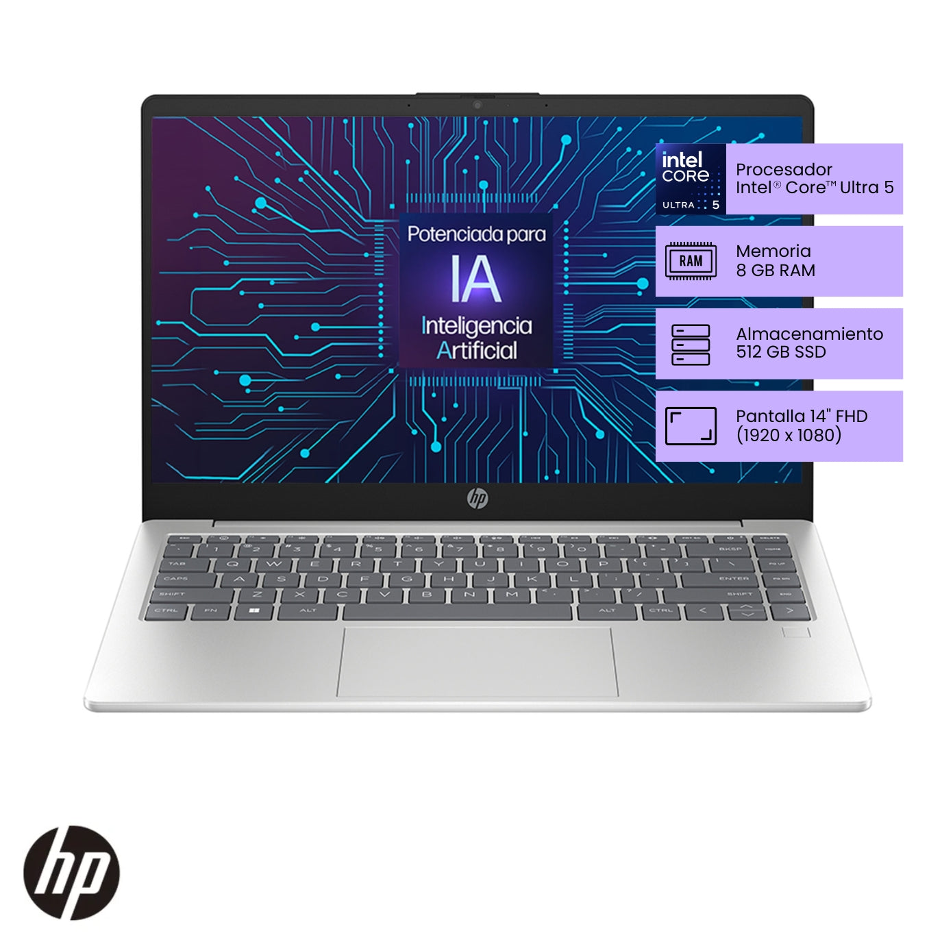 Laptop HP 14-ep1001la Intel Core Ultra 5 vista frontal pantalla 14 pulgadas FHD.