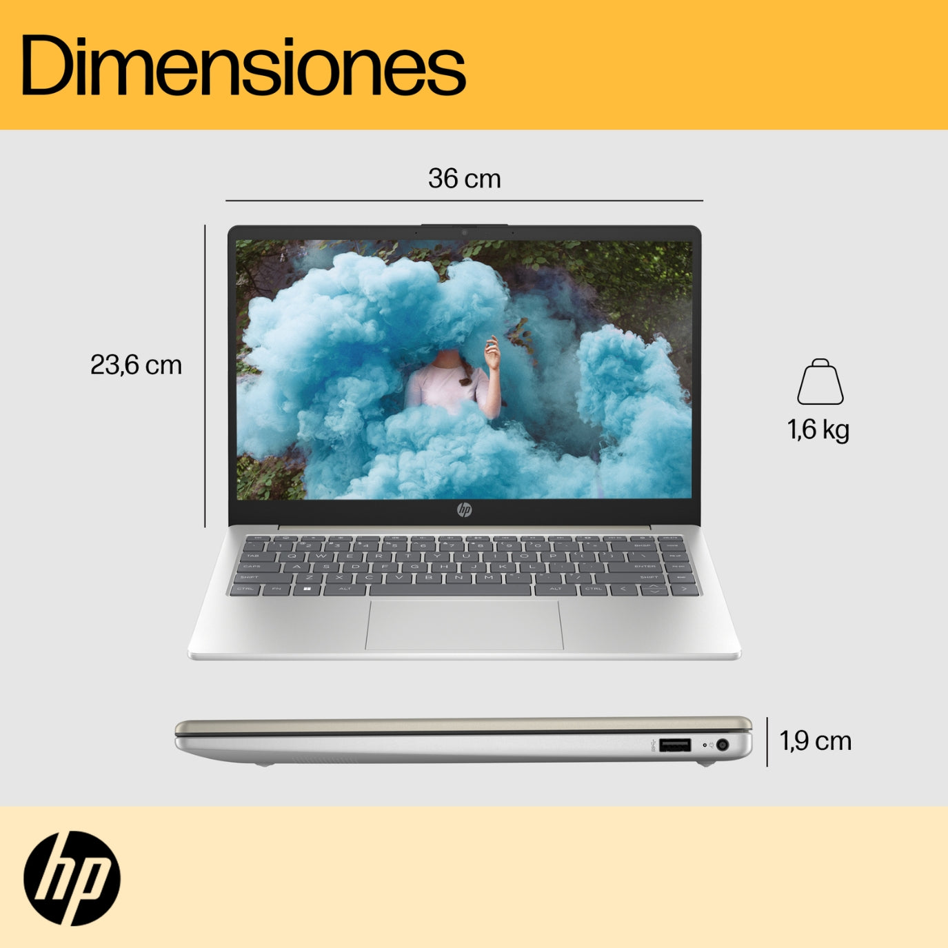 Empaque y dimensiones de la Laptop HP 15-fc0012la Ryzen 7 con garantía oficial HP